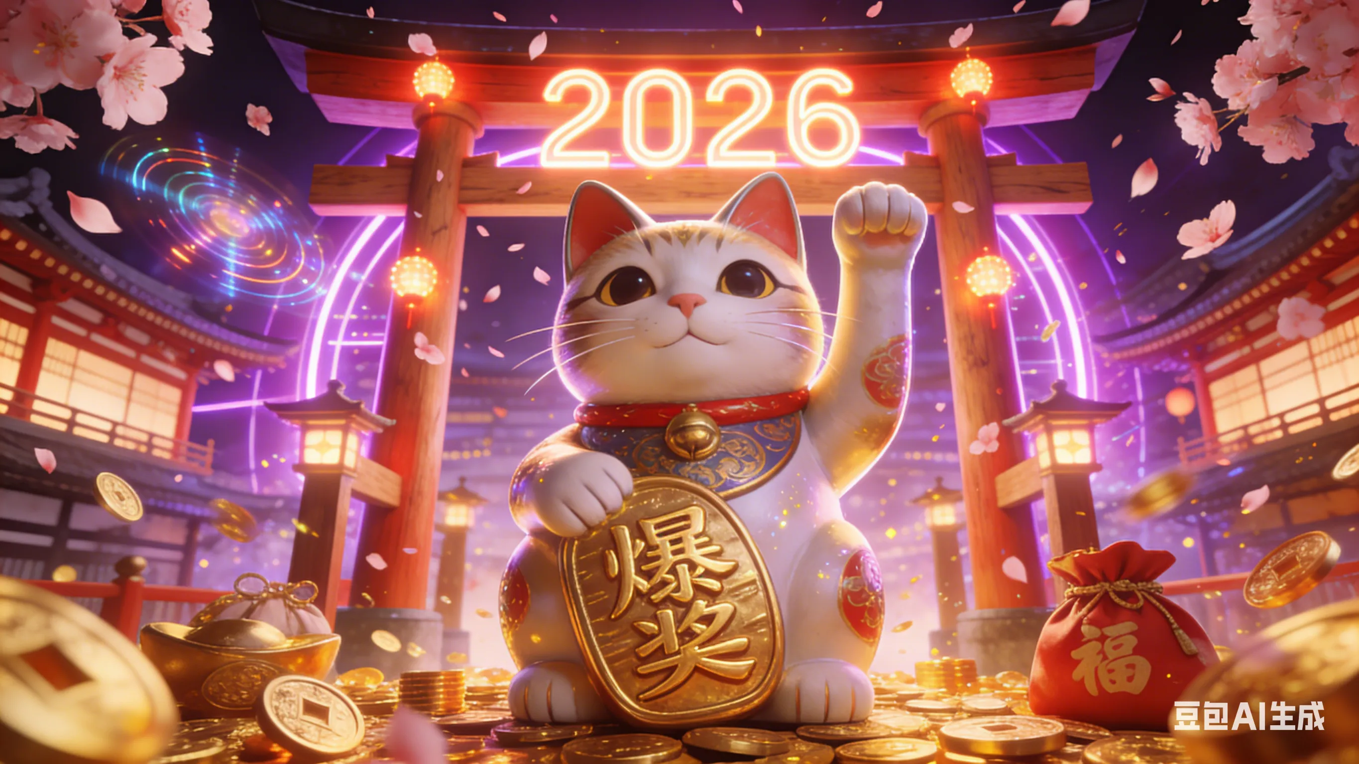 2026年PG电子热门游戏推荐封面,展示风格化的日式福运招财猫与赛博朋克神社背景,象征爆奖与财富。
