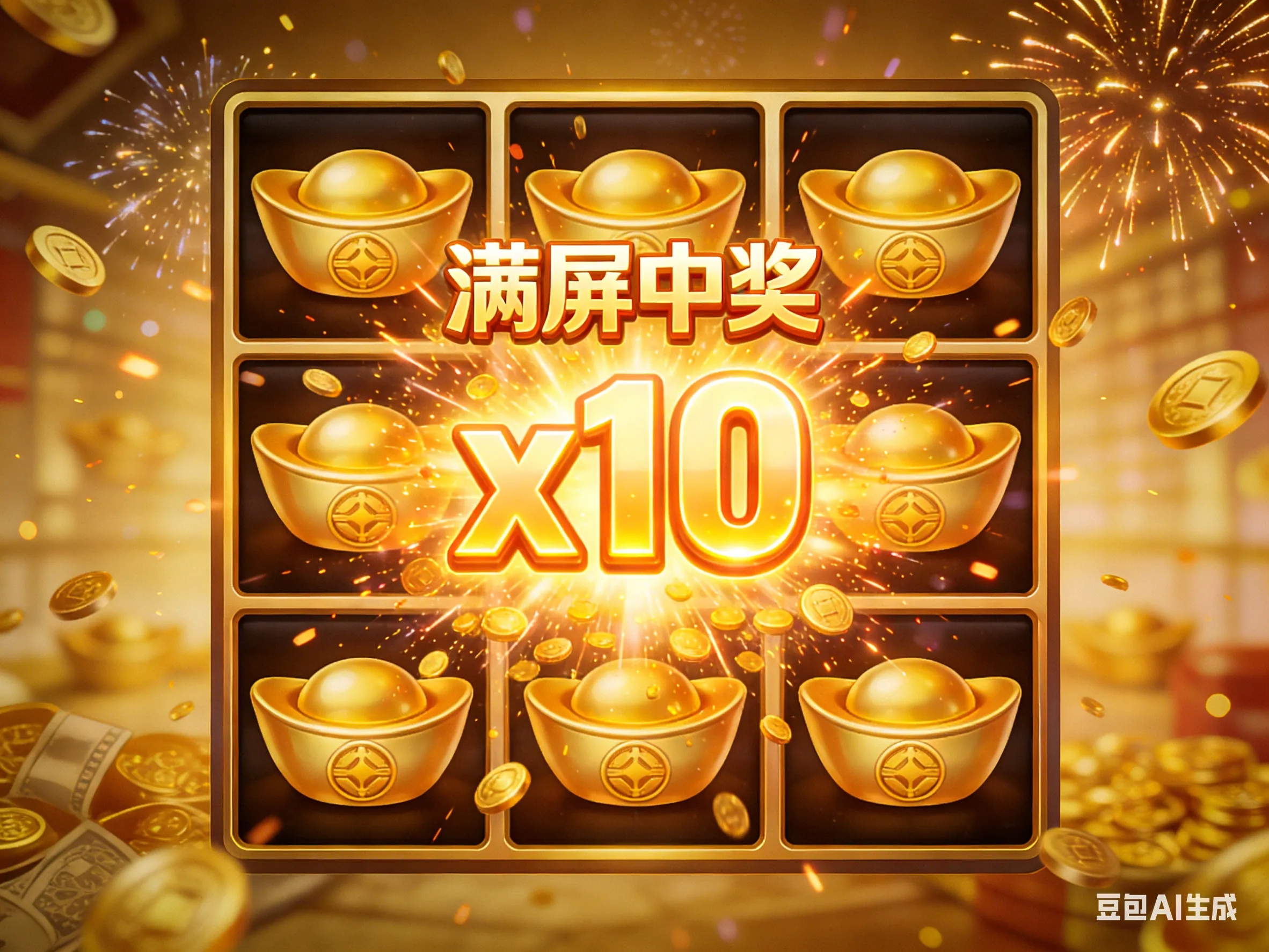 PG电子虎虎生威游戏界面展示九格满屏中奖,触发x10倍乘数(Multiplier)的爆分赢钱特效瞬间。