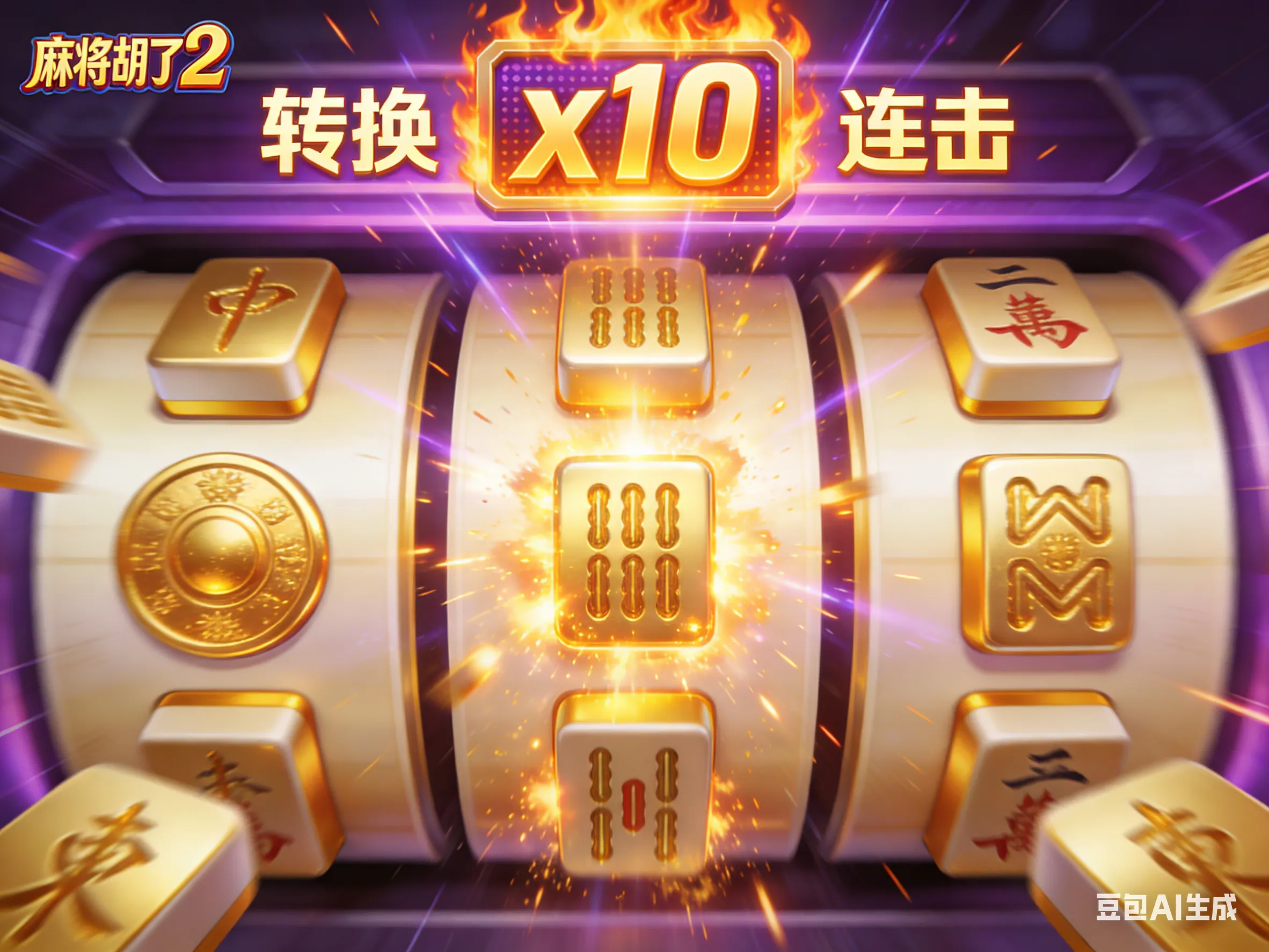 麻将胡了2游戏画面特写,中间卷轴金色麻将符号消除后转化为百搭Wild符号,并激活10倍高额奖励倍数。