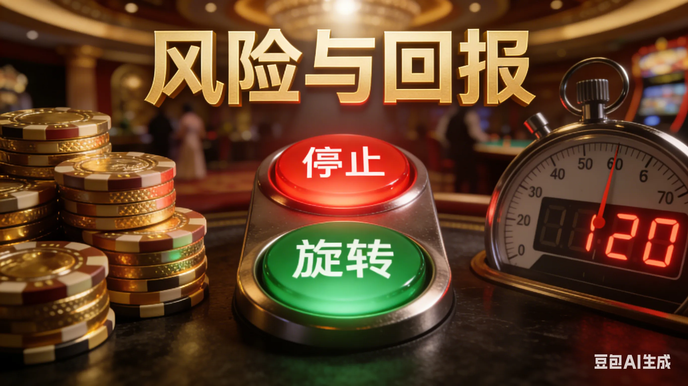 电子游戏博弈策略可视化,金色筹码与倒计时秒表对比,强调止盈止损与阶梯注码法的重要性。