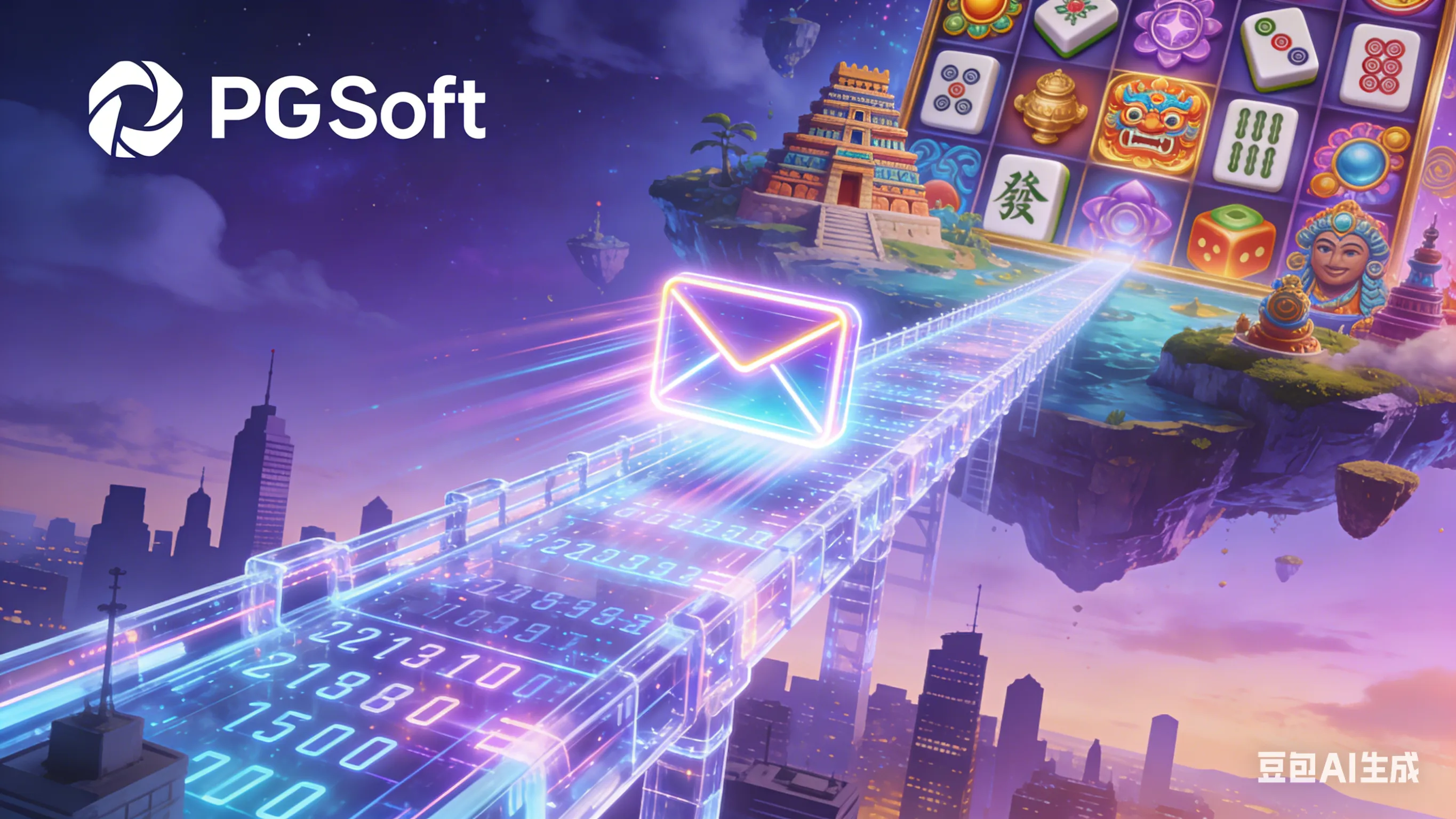 PG Soft (Pocket Games Soft) 官方联系页面封面:一座连接现实城市与虚拟游戏世界的发光数字桥梁,象征全球化连接与无限可能。