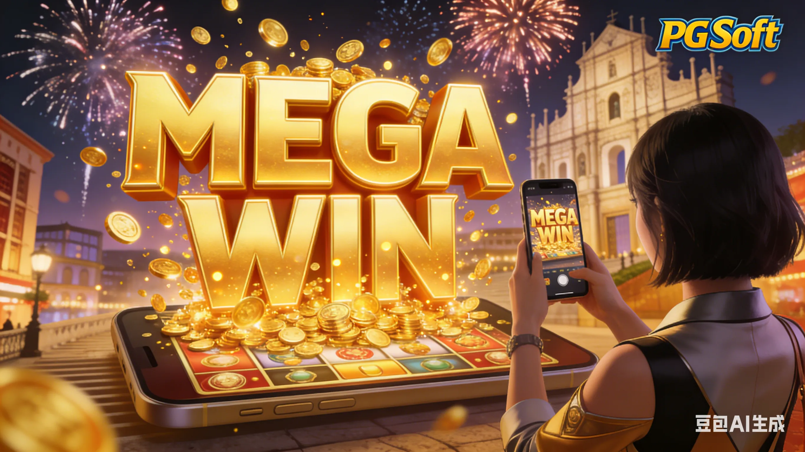 玩家在手机上游玩PG电子《澳门绮梦》并获得MEGA WIN超级大奖的庆祝画面,背景为澳门夜景。
