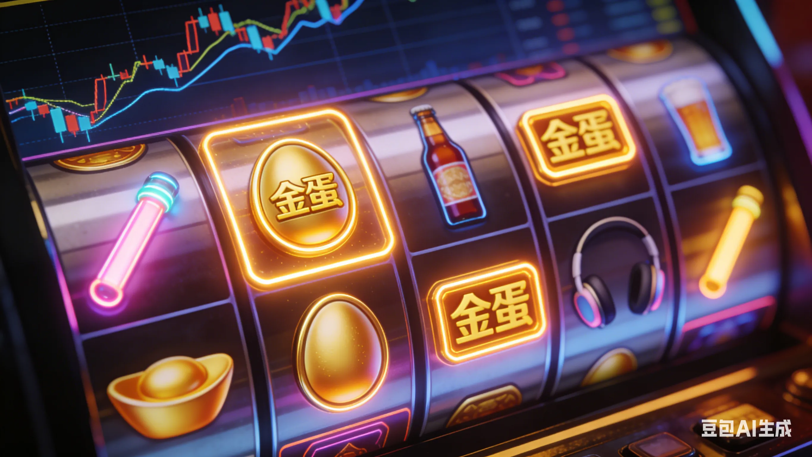 电子游戏爆分前兆图解,老虎机屏幕显示高频出现的金球符号(Scatter)与上升趋势数据线。