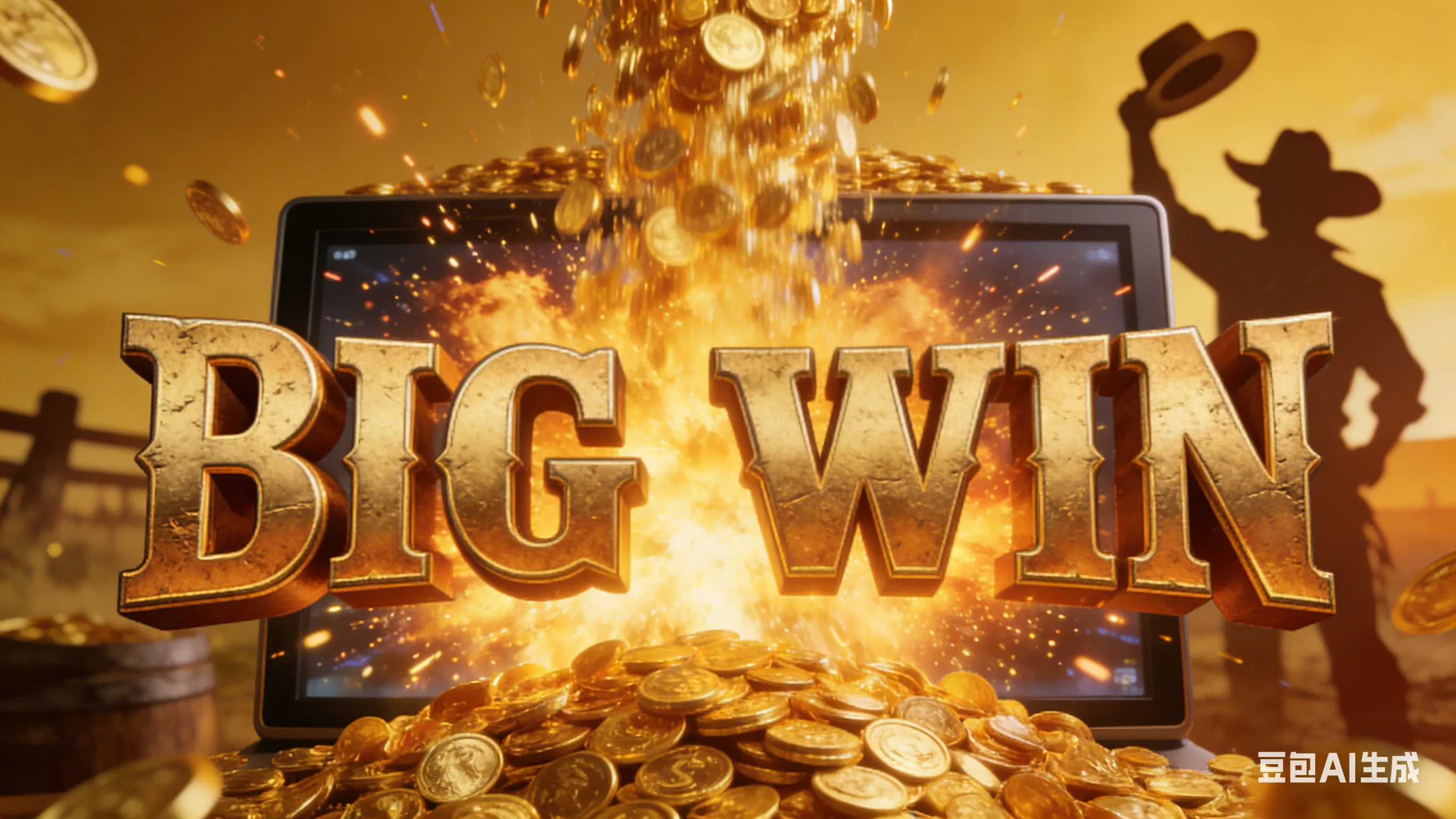 赏金大对决获得大奖 (Big Win) 胜利画面,巨大的金色字体、金币瀑布特效与庆祝的牛仔剪影。
