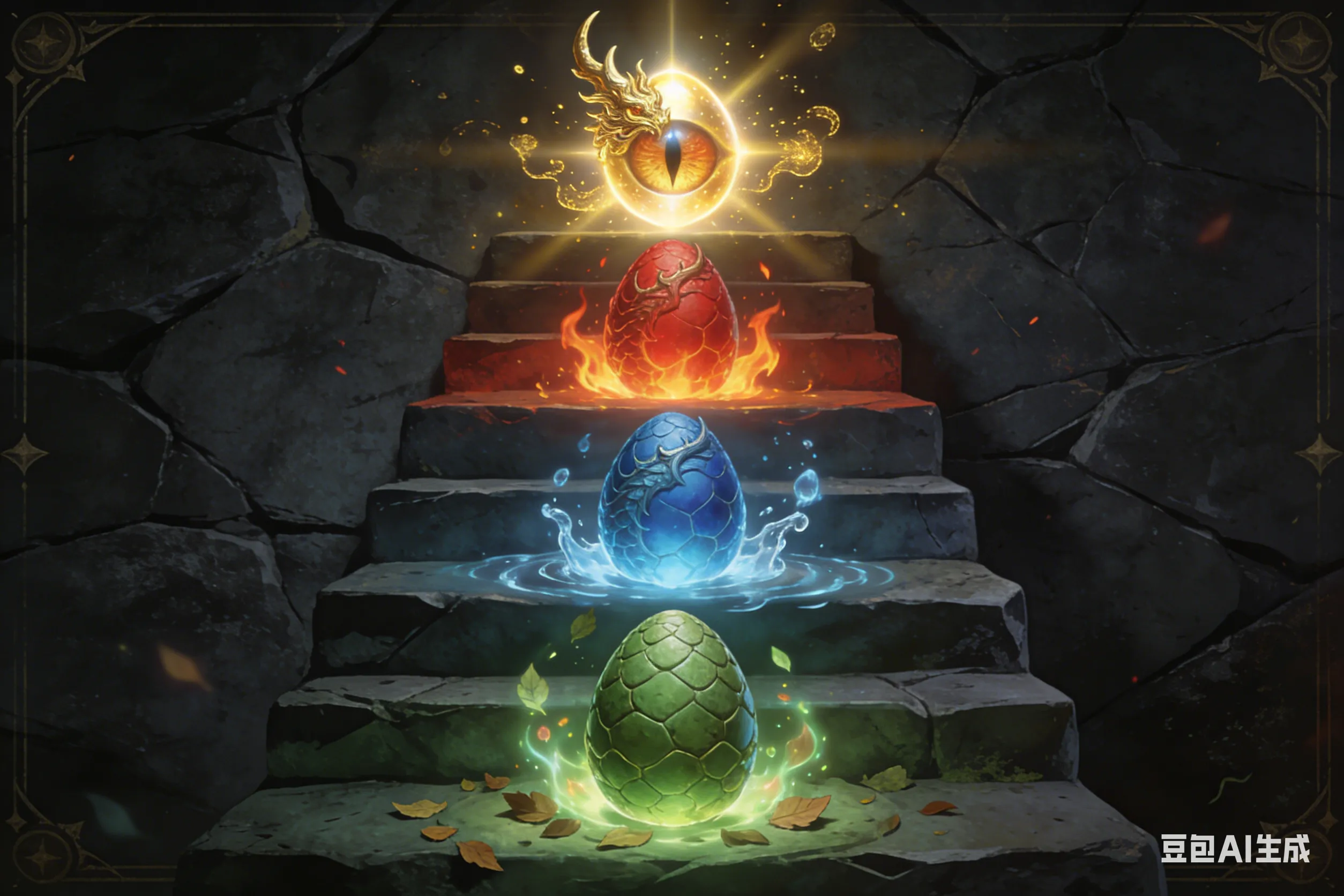 Dragon Hatch游戏攻略图解：从下至上展示土龙、水龙、火龙及龙后之眼的四阶技能触发条件与魔法元素特效阶梯图。