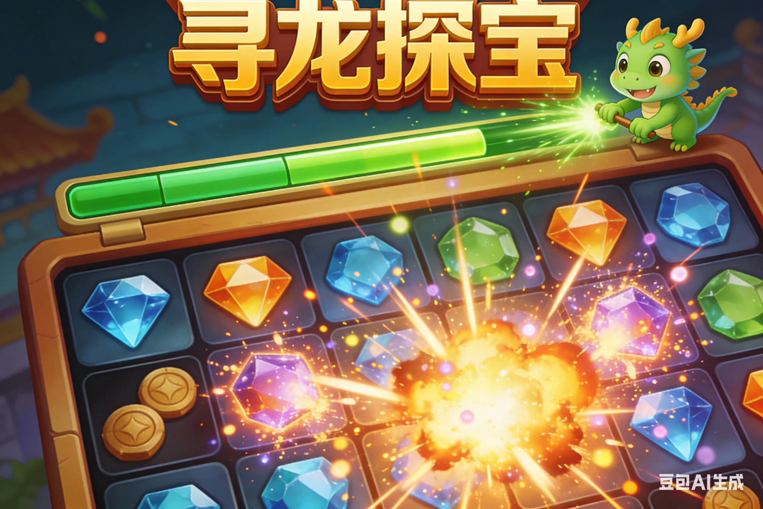 《寻龙探宝》5x5消除界面截图：符号连消爆炸瞬间与土龙技能进度条特写