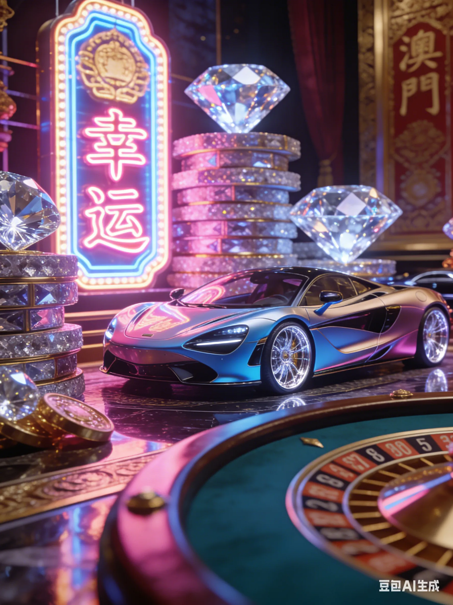 PG Soft 电子游戏《澳门金宵》(Dreams of Macau) 游戏场景，赛博朋克霓虹灯与豪华赌场氛围渲染。