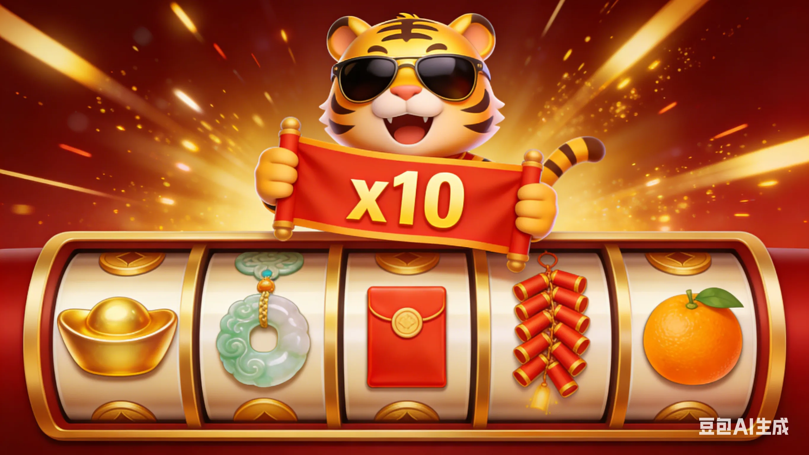 Fortune Tiger游戏实际界面展示，经典3x3卷轴布局，金虎角色举着x10倍数横幅，展示特殊玩法触发瞬间。