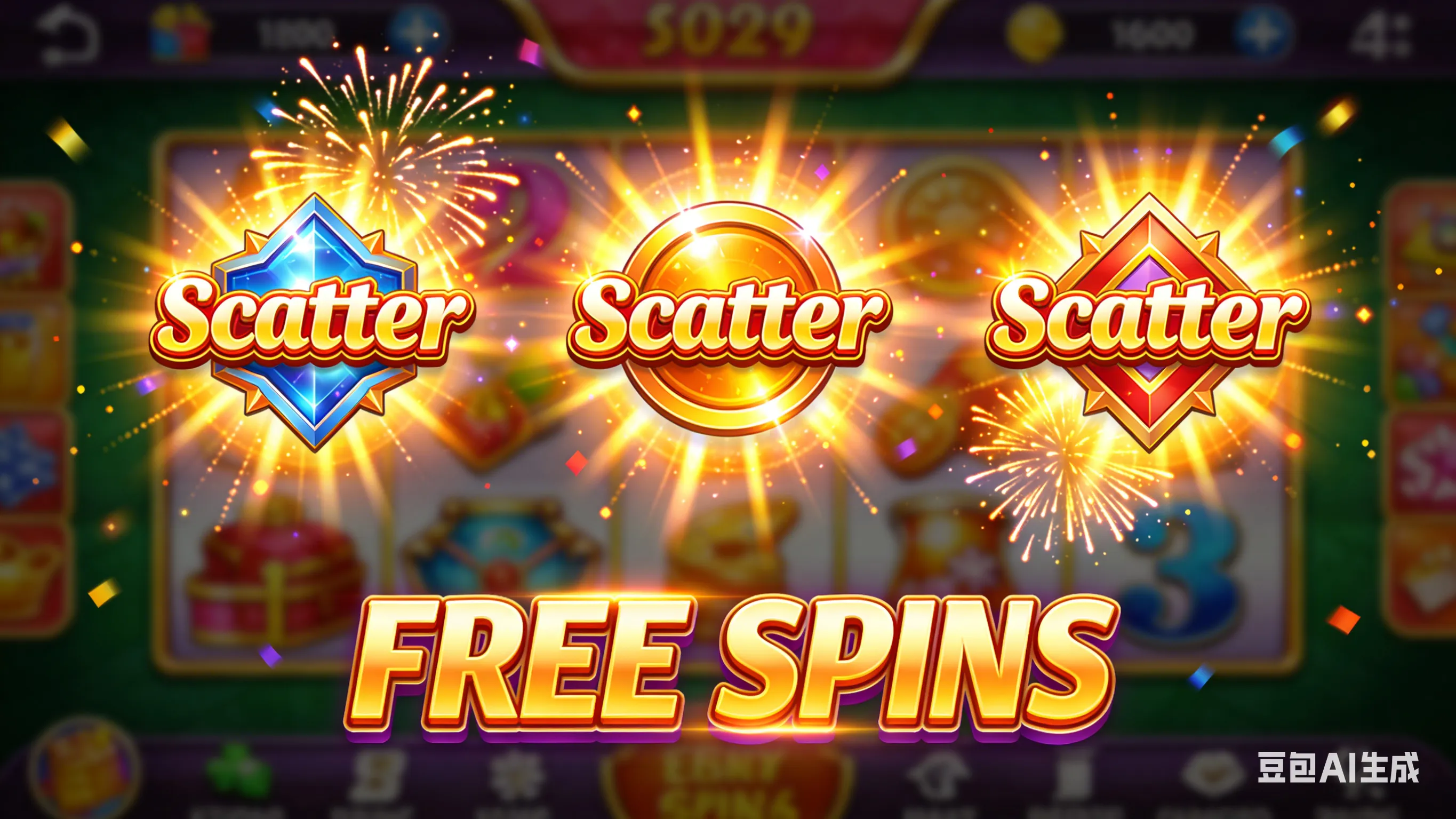 PG电子《象财神》触发免费旋转模式，三个Scatter符号激活瞬间与Free Spins字样。