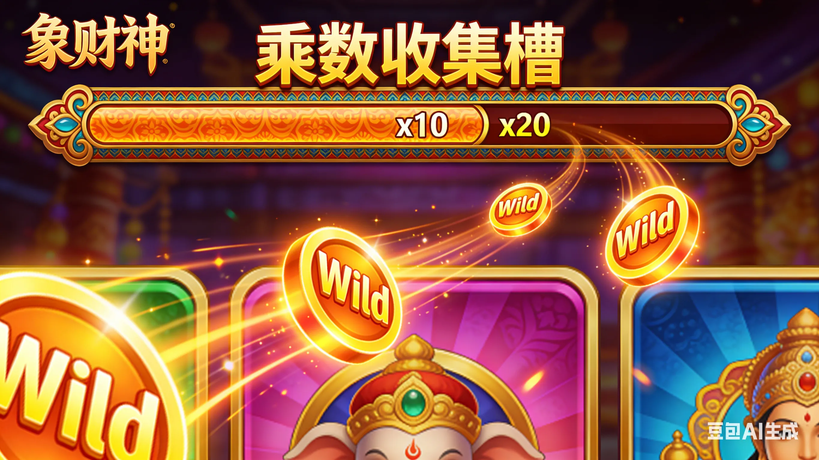 《象财神》游戏界面上方乘数进度条特写，展示Wild符号收集与x20奖金乘数解锁过程。