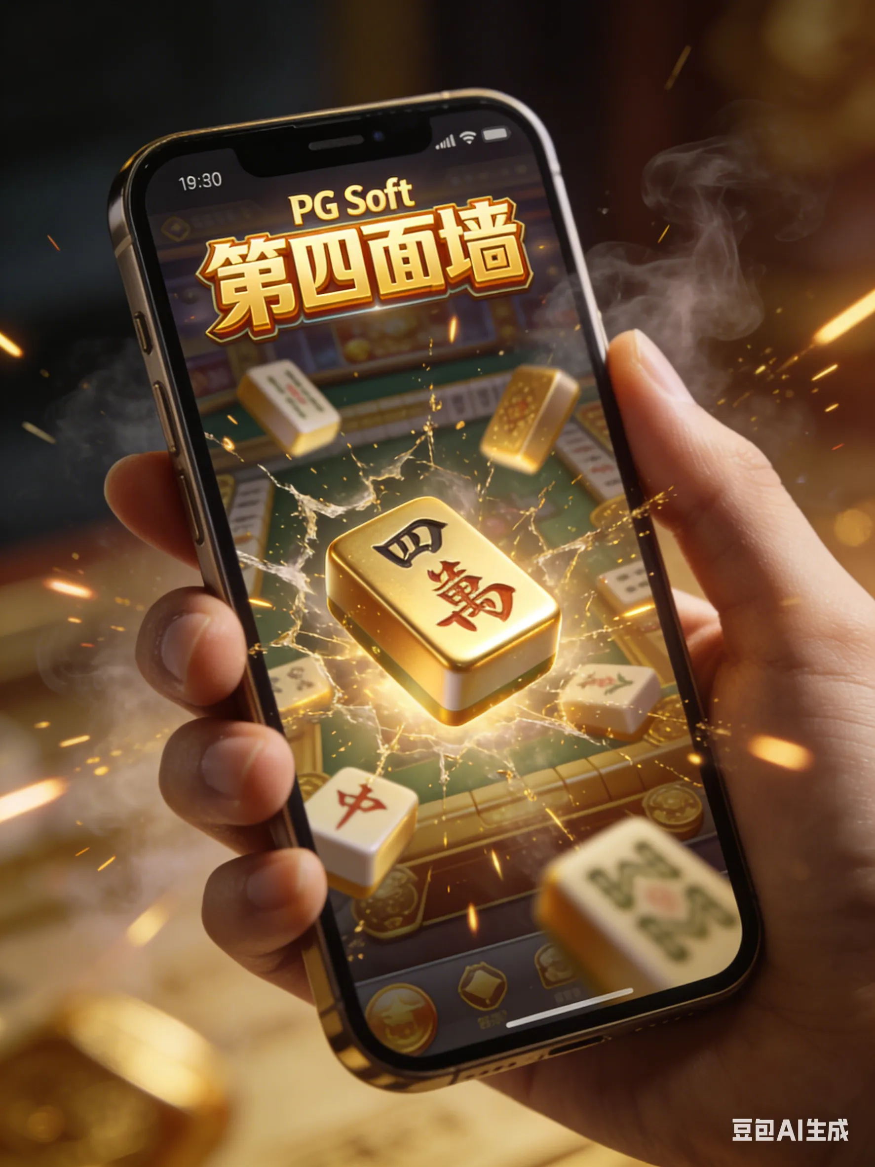 玩家单手竖持手机体验PG Soft游戏，屏幕内麻将与光效打破第四面墙，展示电影级3D渲染技术带来的沉浸感。