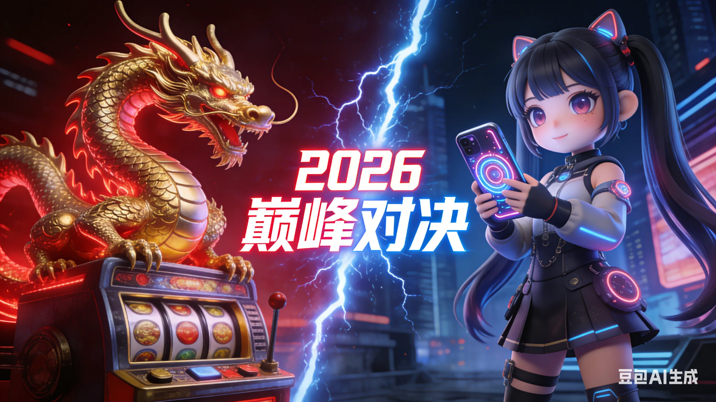 2026年JDB电子与PG电子巅峰对决封面图：左侧复古金龙代表JDB的高波动爆发，右侧赛博朋克美少女代表PG电子的现代连消，中间闪电碰撞象征旋转爆奖规律大比拼。