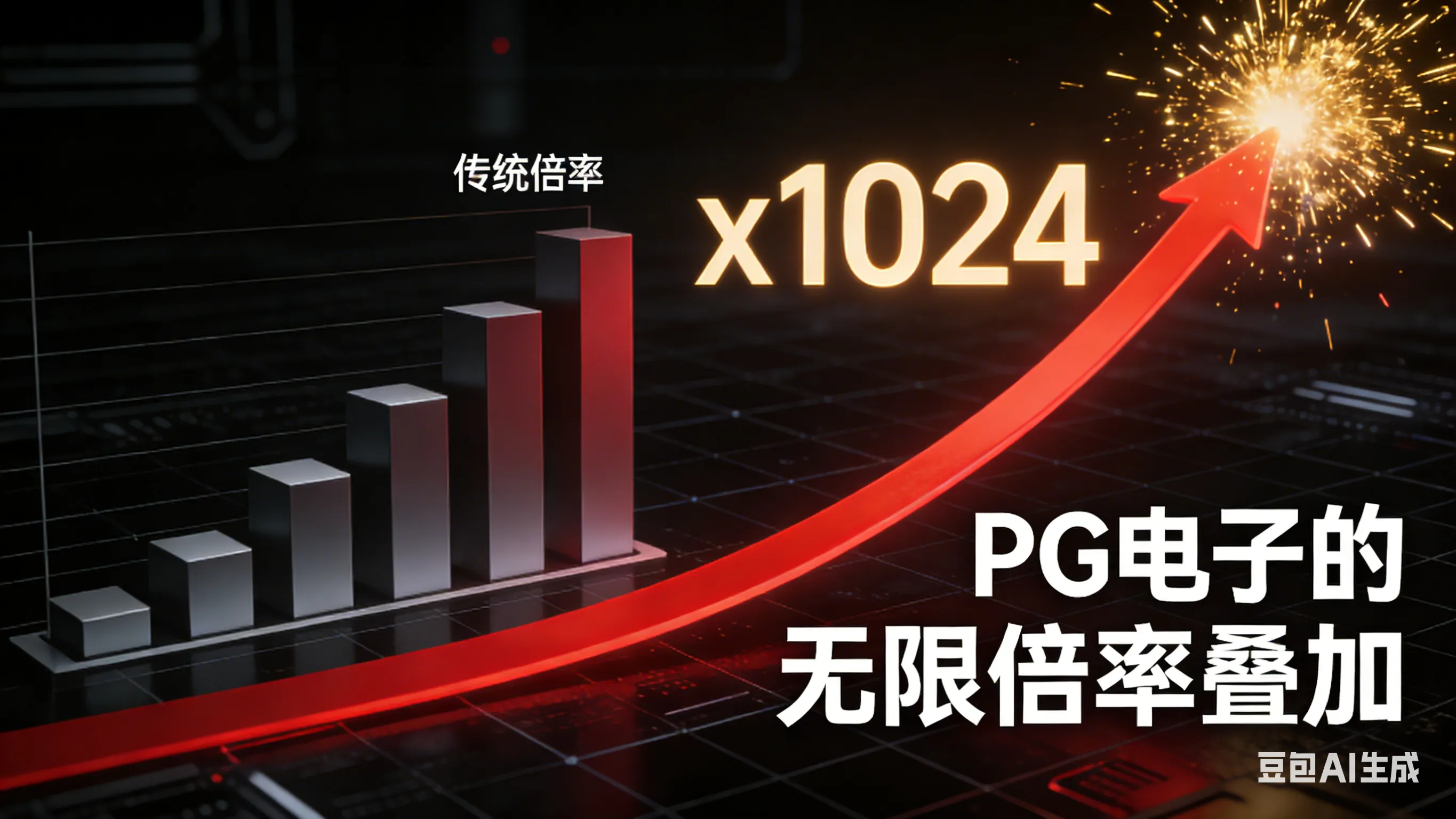 一张科技感的数据可视化对比图，左侧是缓慢增长的传统线性柱状图，右侧是代表PG电子无限叠加机制的指数级飙升曲线，顶部炸开显示x1024高倍率。