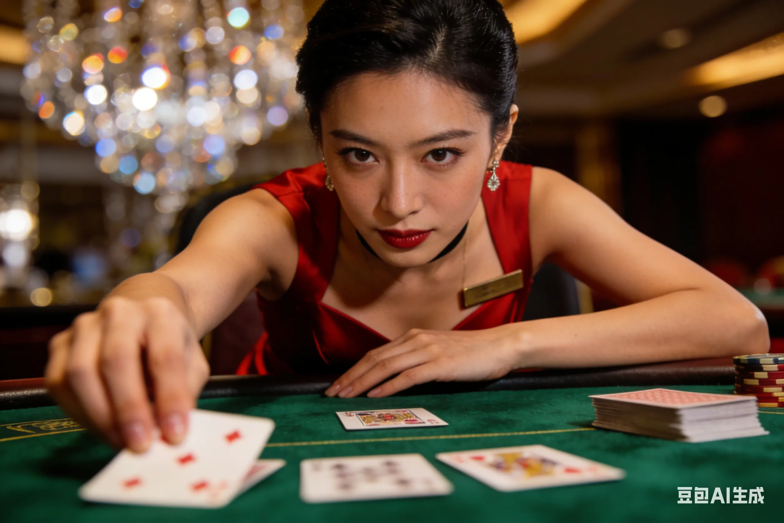 穿着优雅晚礼服的专业美女荷官正在高清镜头下进行发牌，背景呈现威尼斯人风格的奢华内饰。