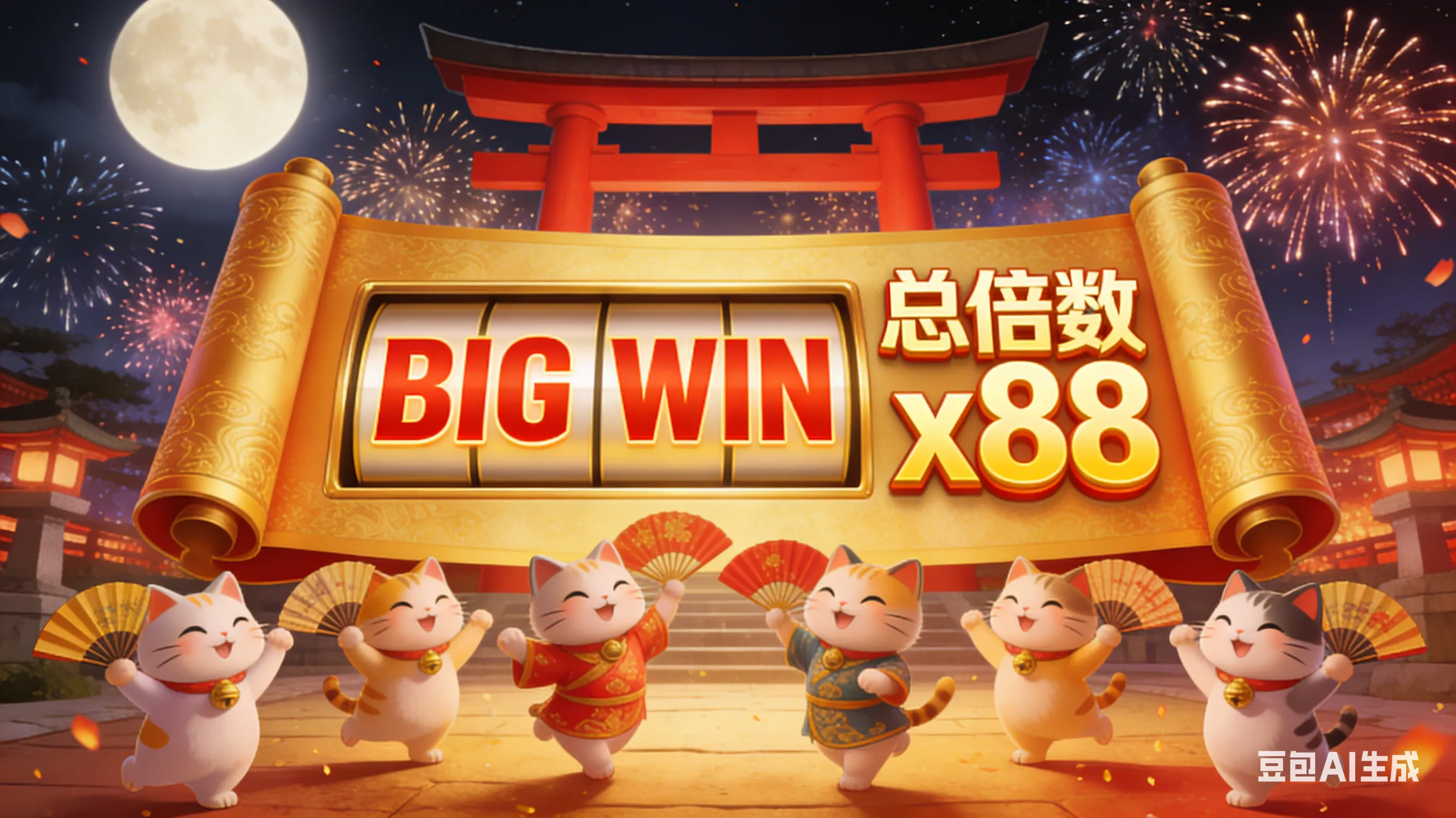 招财猫(Lucky Neko)免费旋转赢奖结算画面，展示x88高倍数累积与BIG WIN大奖，背景为日本神社夜景与烟花庆祝。