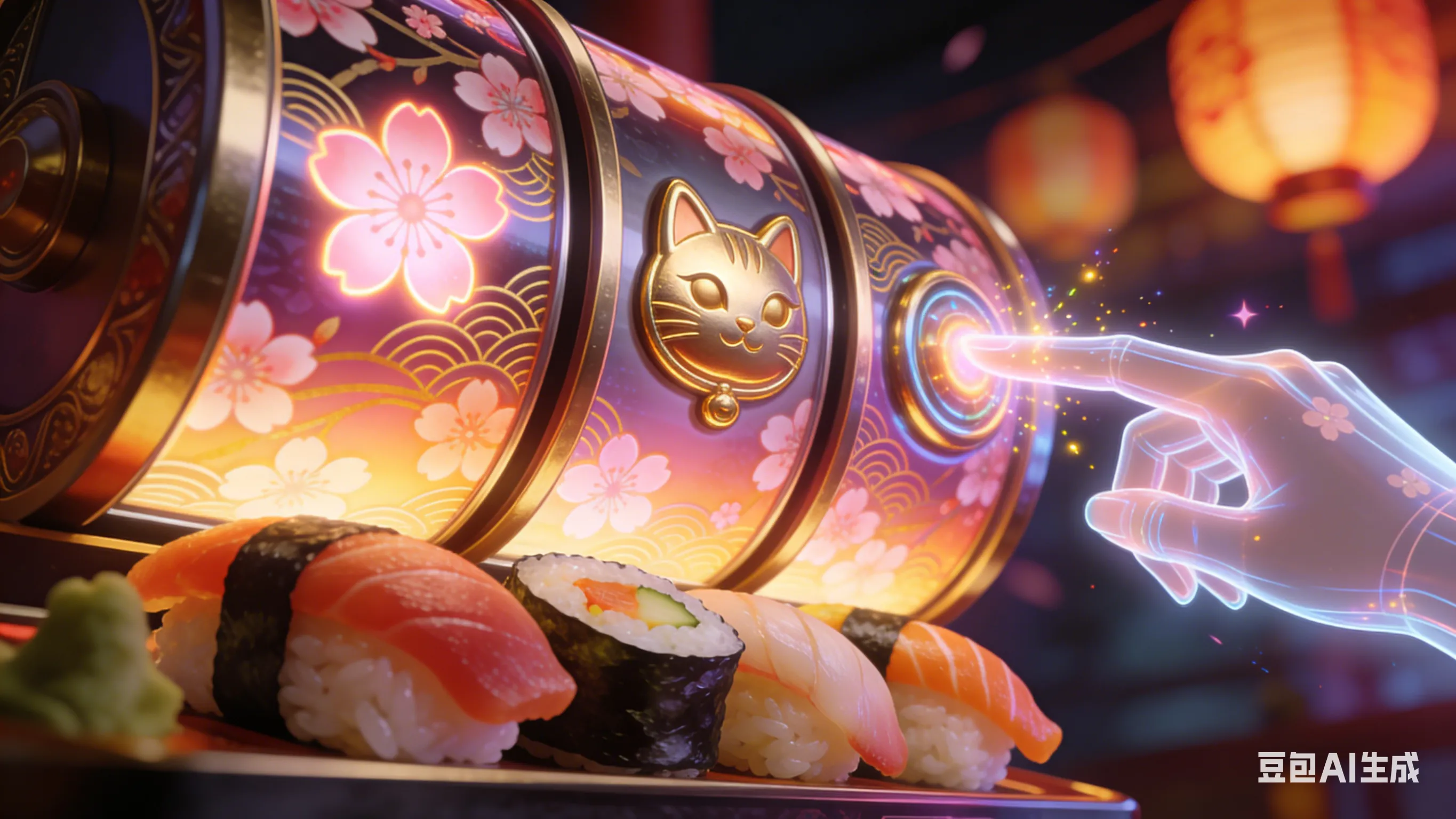 Lucky Neko 游戏界面特写，展示转轴上的寿司、灯笼与发光樱花符号，玩家正在点击旋转按钮体验日式和风特效。