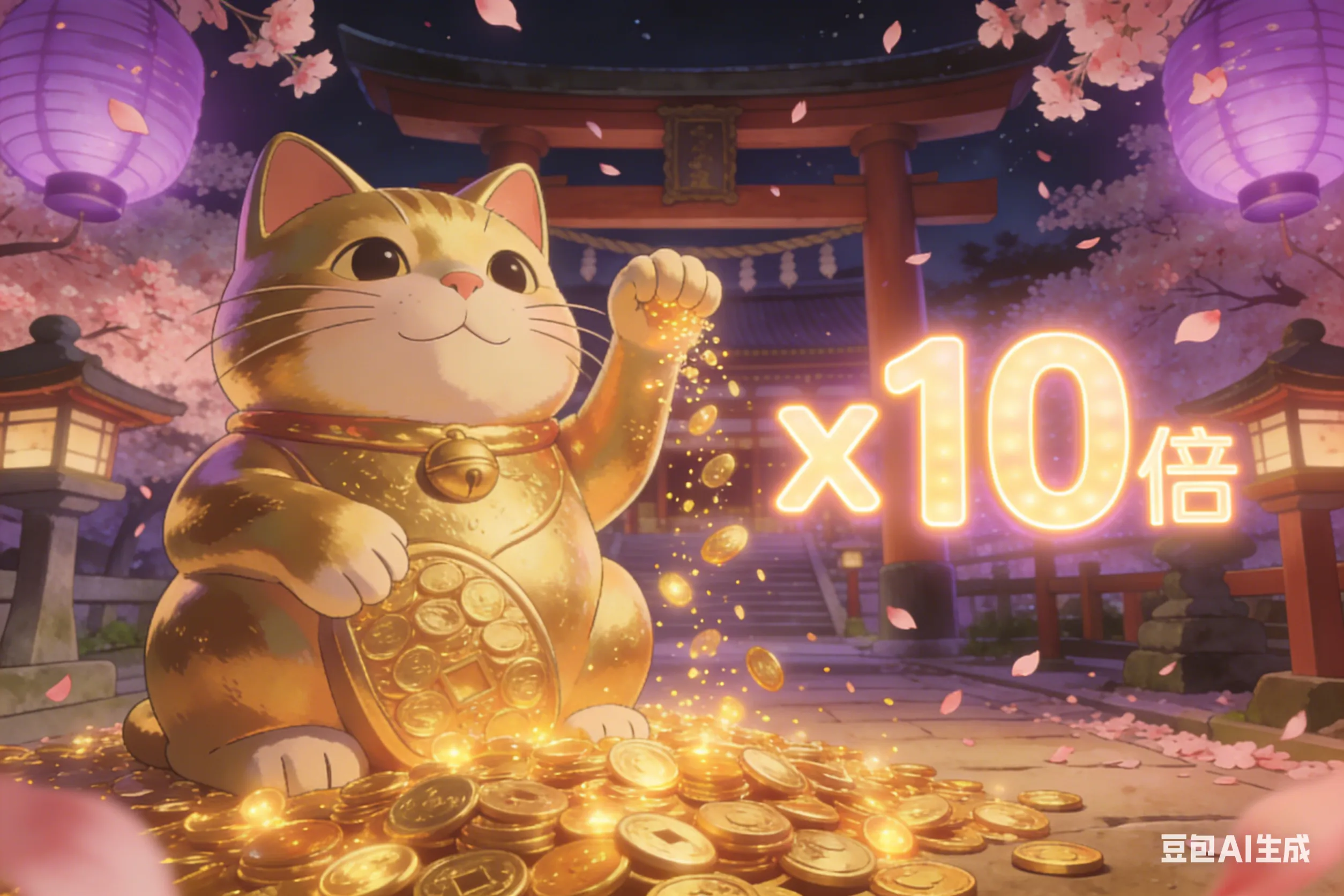 PG电子招财猫游戏场景，巨大金色招财猫挥手洒下金币与x10倍数累积特效。