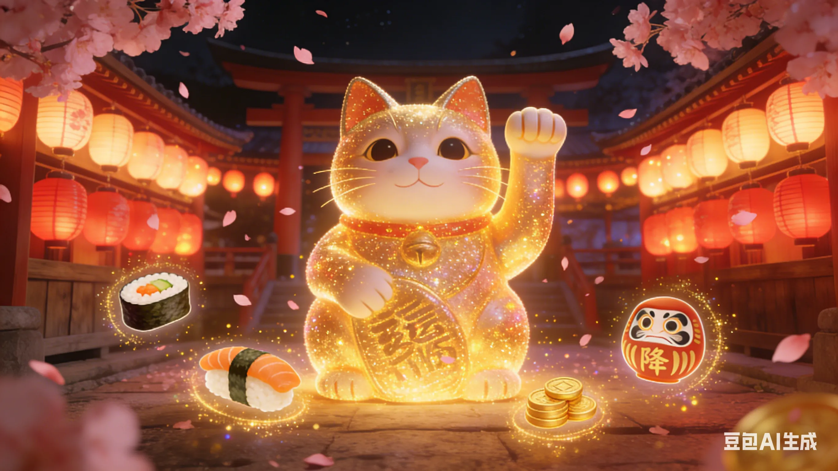 PG电子《福运招财猫》游戏场景，巨大金色招财猫在日式神社背景中招手，象征无限叠加倍数与巨型符号奖励。
