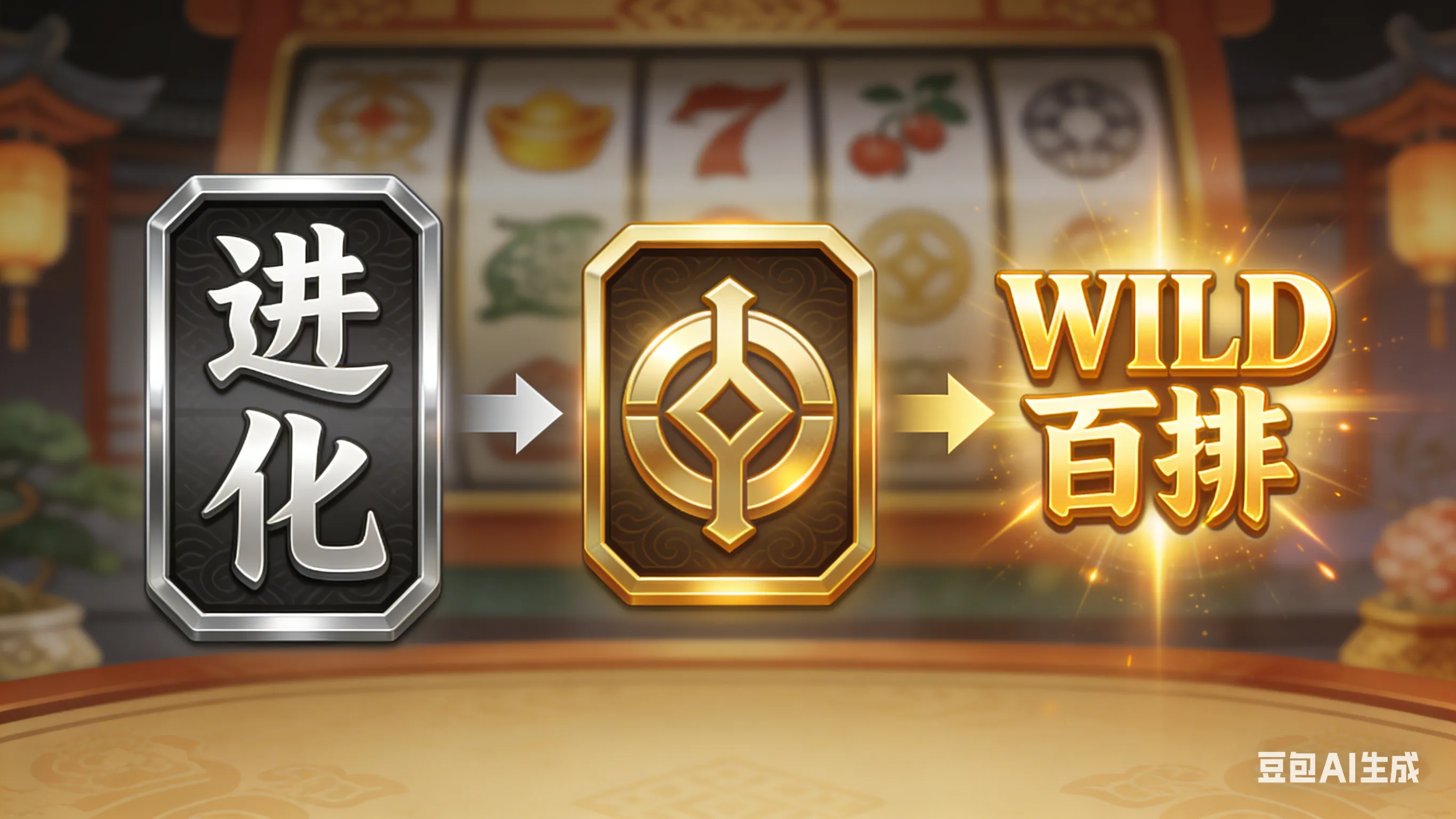 《福运招财猫》游戏界面机制示意图，清晰展示了带有银框的符号如何转化为金框符号，并最终进化为发光的WILD百搭符号的过程。