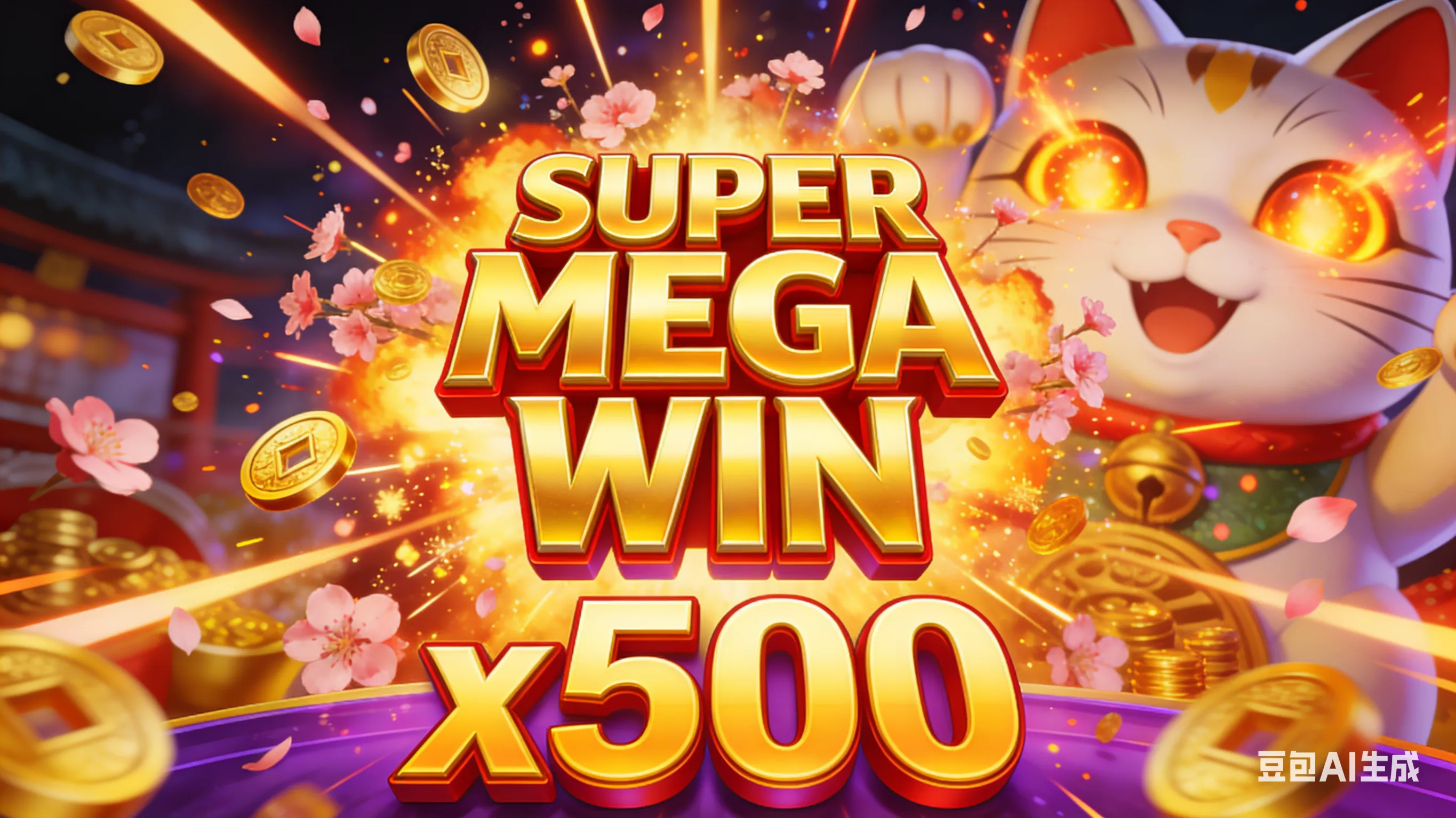 招财猫 (Lucky Neko) 游戏中奖瞬间，屏幕显示 Super Mega Win 金色字样，搭配 x500 倍数累积与金币喷射特效。