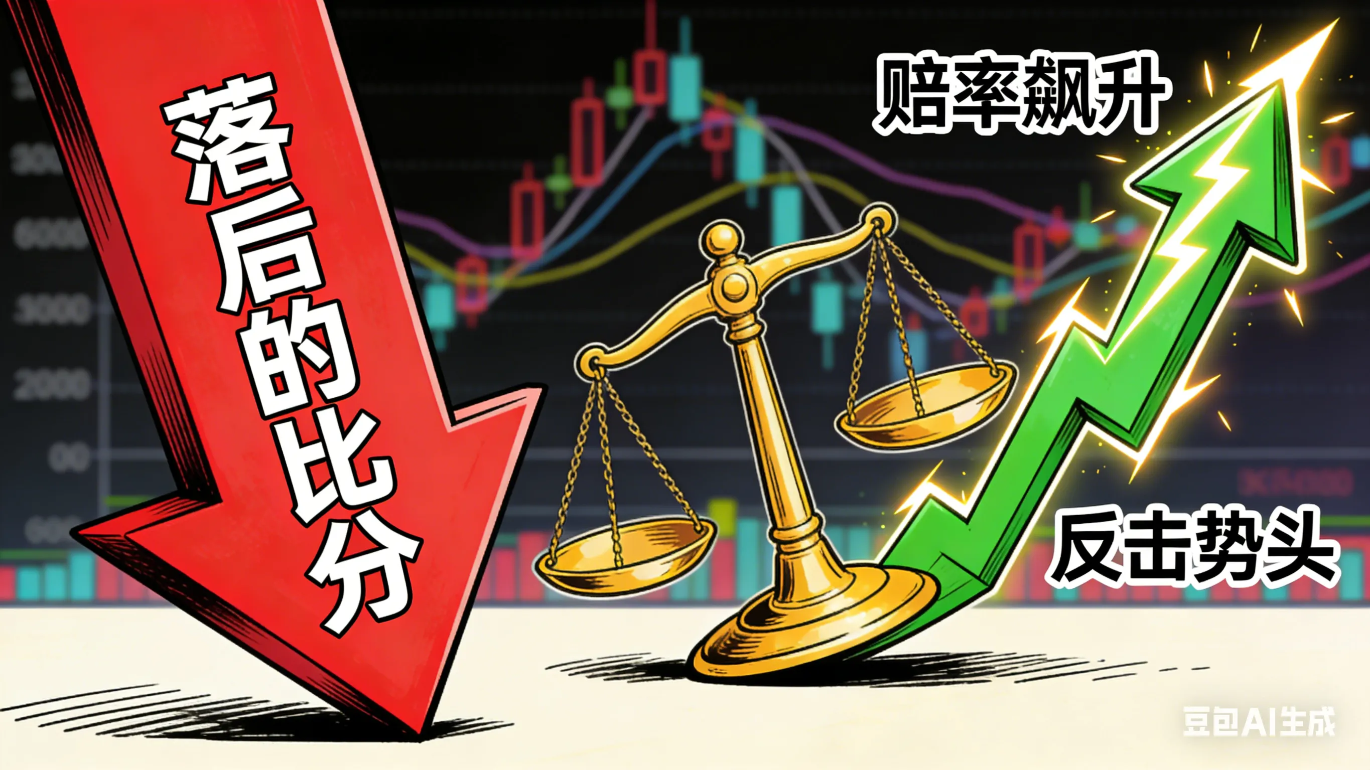 滚球高阶策略示意图：红色落后指标与绿色赔率飙升折线对比，象征强队爆冷回补法的时机捕捉。