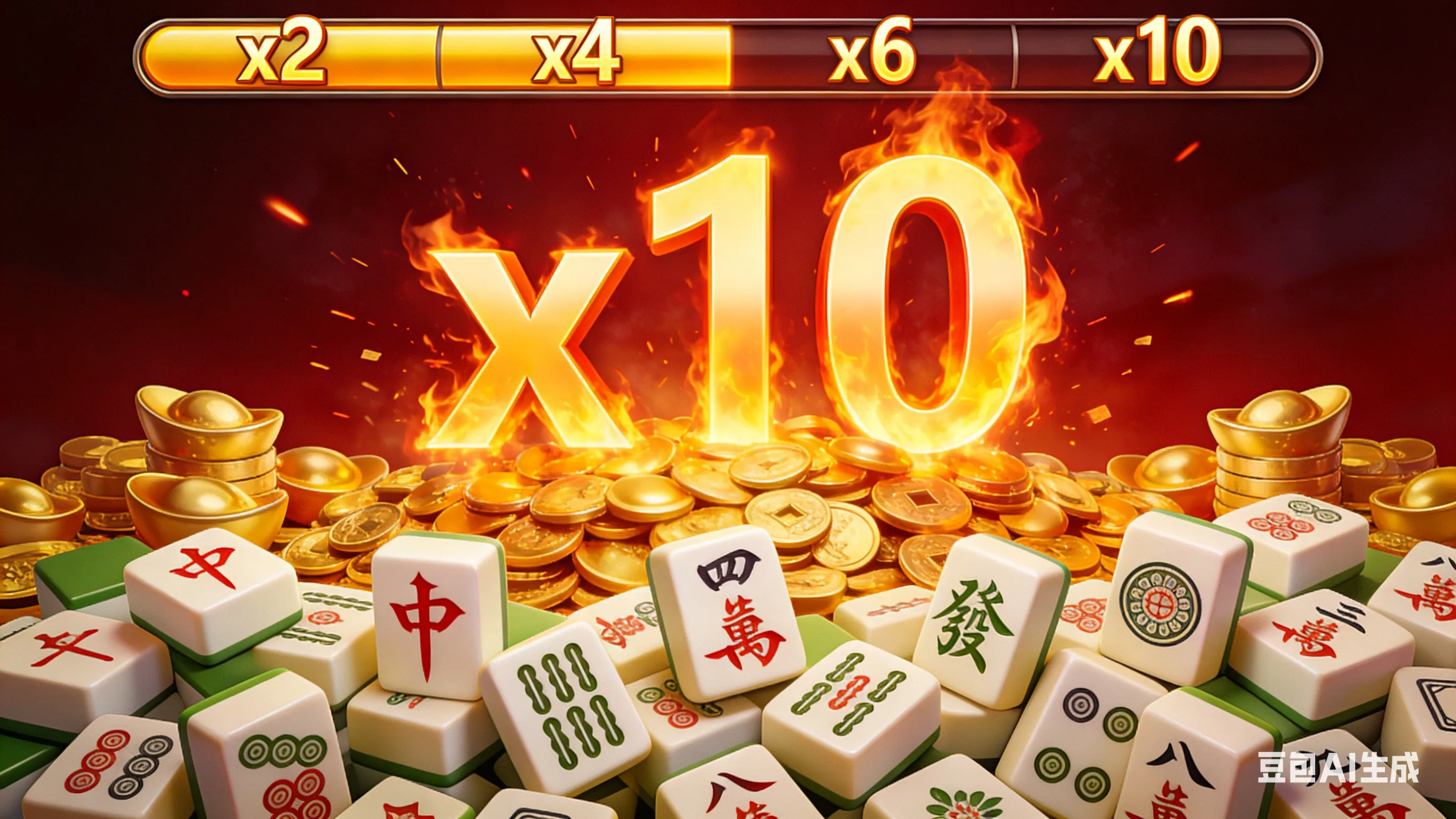 麻将胡了2进入免费旋转模式，深红色背景下倍率条升级至x10，屏幕中央展示红中与八万等高分牌型的爆奖瞬间。