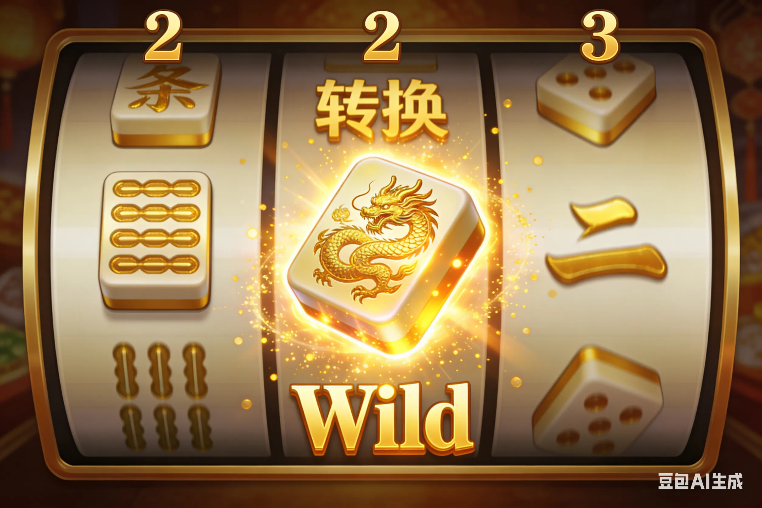 麻将胡了2游戏界面第2、3、4轴特写，展示金色麻将符号消除后原地转换为金色龙纹Wild百搭符号的过程，解析连消关键机制。