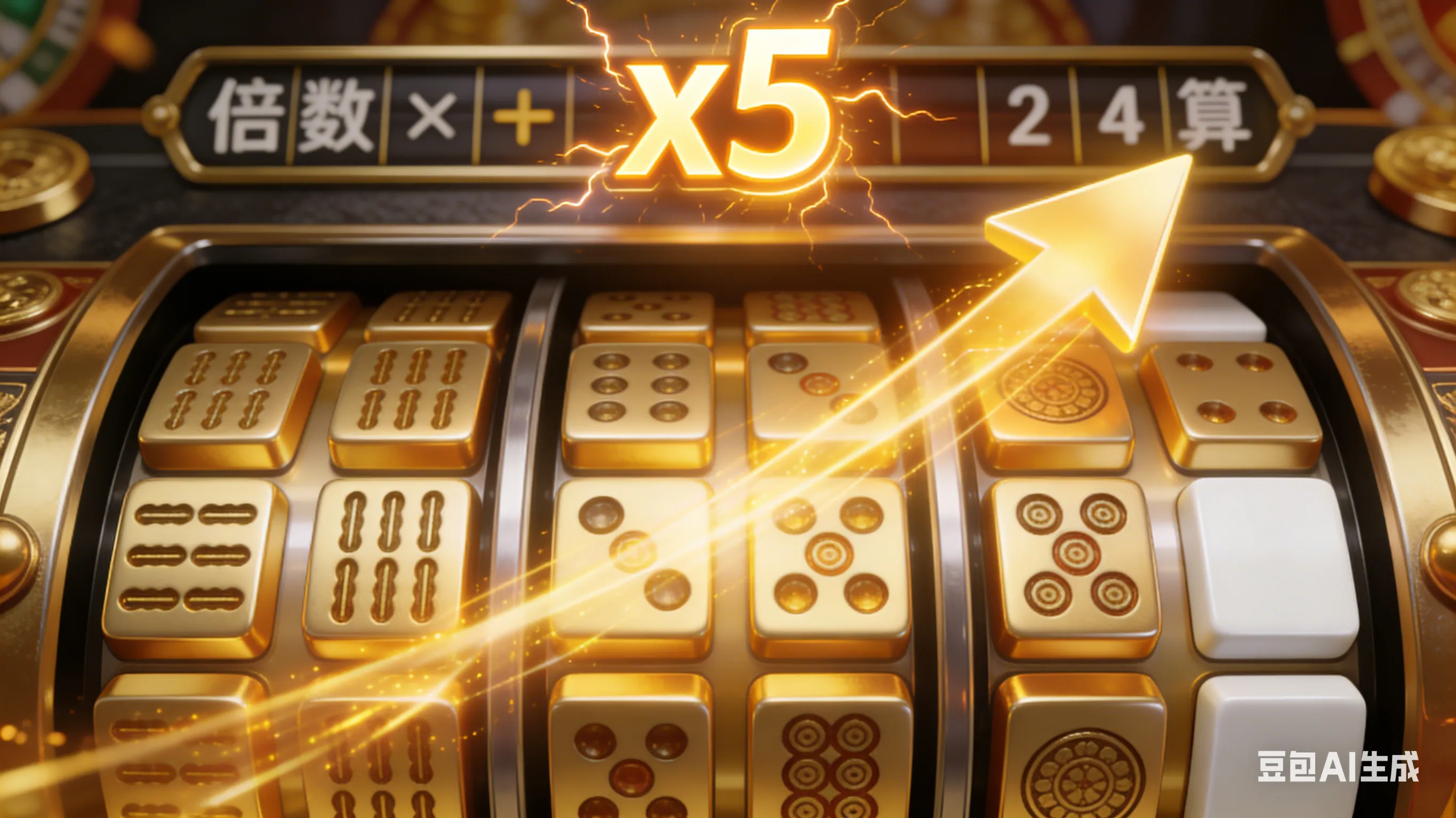 PG电子麻将胡了2游戏攻略：第2、3、4转轴出现金色麻将牌堆叠信号，倍数乘算表高亮显示x5倍率。