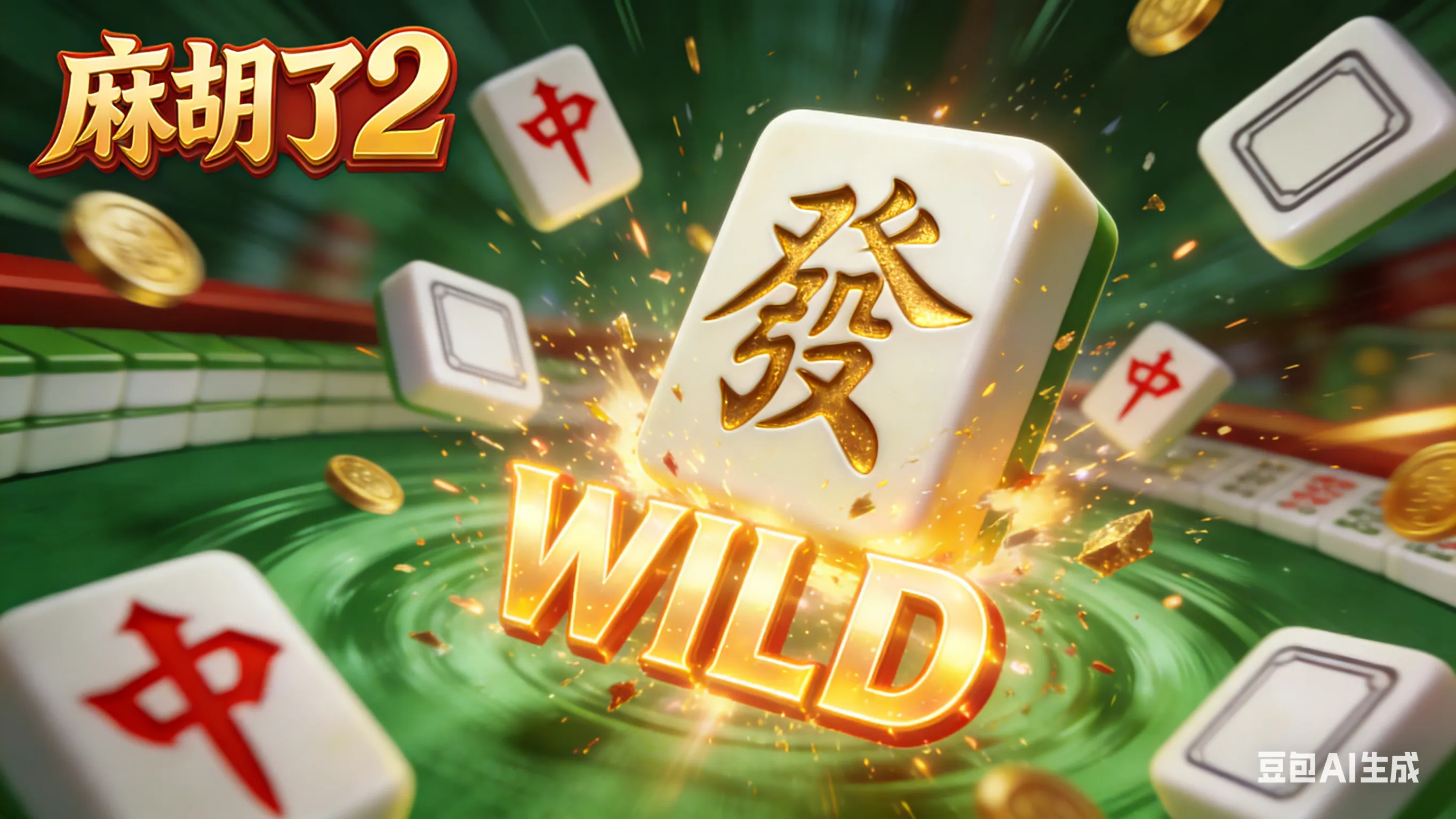 PG电子麻将胡了2游戏画面，金色“发”字麻将牌炸裂变身WILD百搭符号的爆分瞬间。