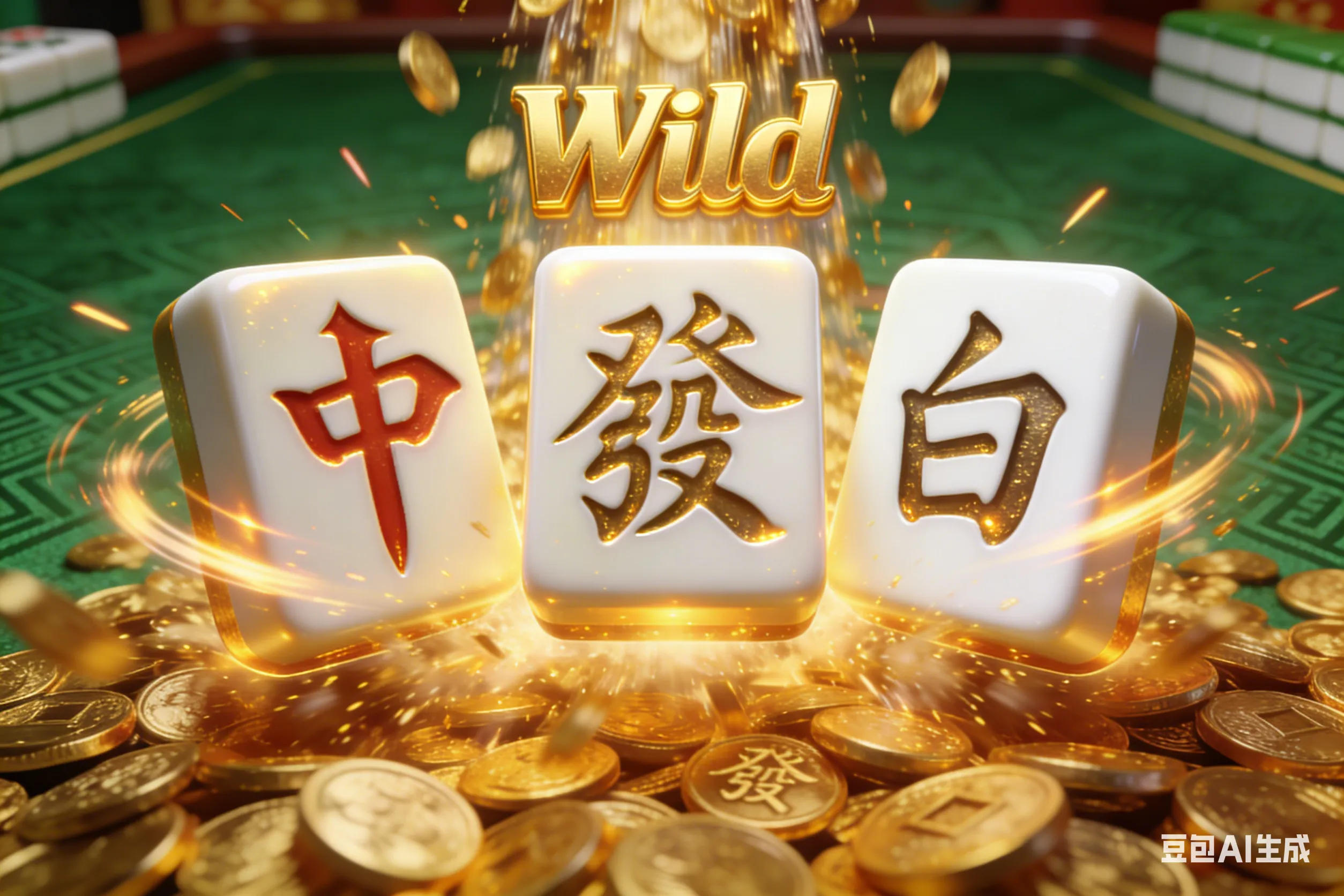 PG电子游戏《麻将胡了2》游戏画面，展示金色麻将符号转换为百搭Wild并触发金币喷涌的爆分瞬间。
