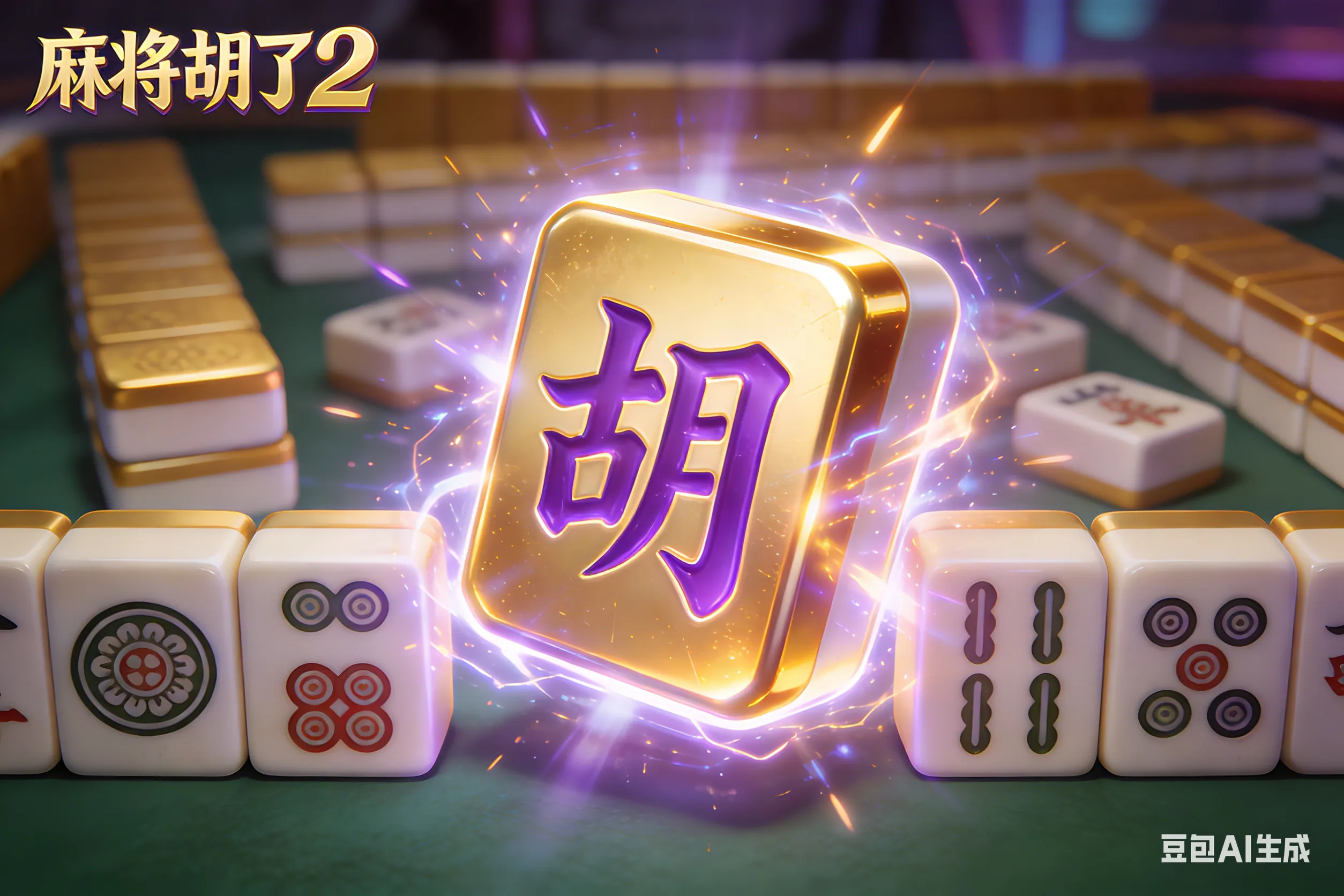 麻将胡了2游戏界面解析：第2、3、4转轴上的金色麻将符号正在变身紫色“胡”字百搭(Wild)符号，展示连环消除机制。