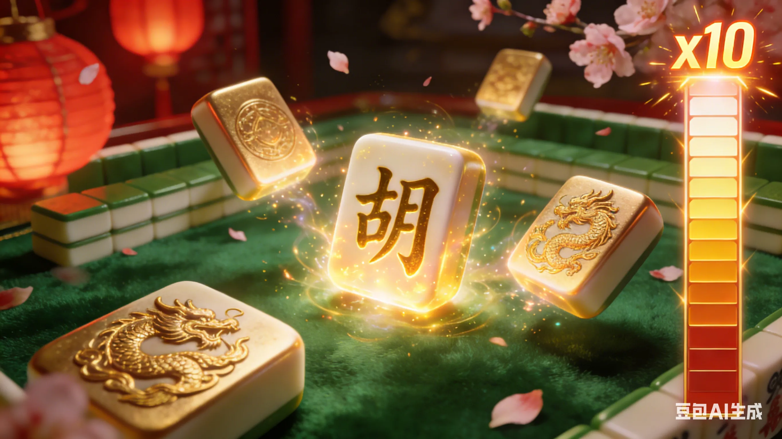 麻将胡了免费旋转模式画面，特写展示金色麻将牌转化为百搭符号的机制及x10倍奖励的爆发瞬间。