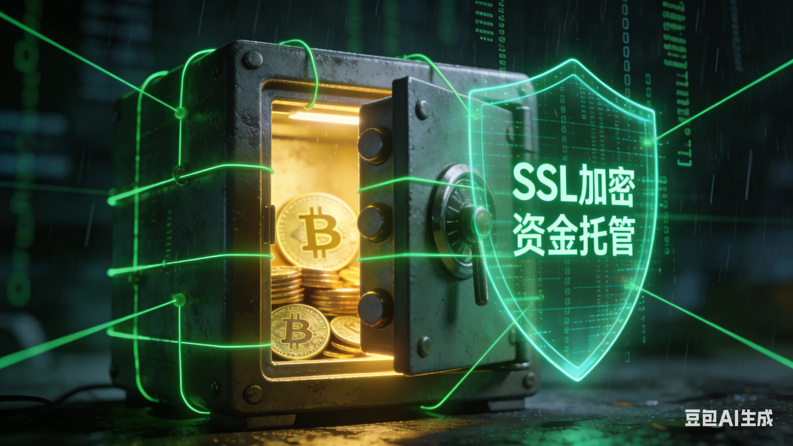 线上娱乐城资金安全示意图，数字保险箱结合SSL加密盾牌防御黑客，展示存提款风控与隐私保护。