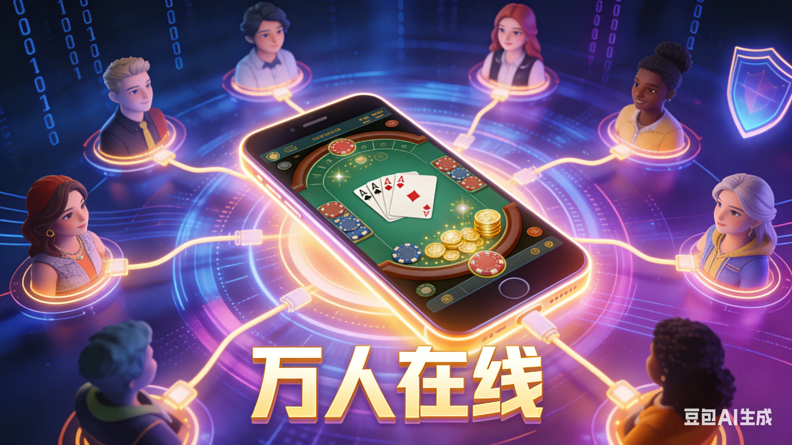 PG电子游戏欢乐棋牌万人在线大厅概念图，展示手机连接全球玩家与防作弊安全护盾特效。