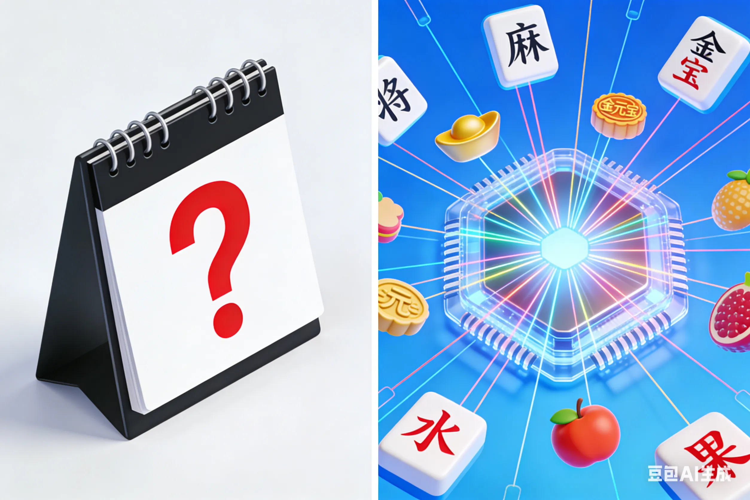 PG电子游戏运行原理对比图，左侧为代表玄学的日历，右侧为代表科学的RNG随机数生成器芯片与麻将胡了元素。