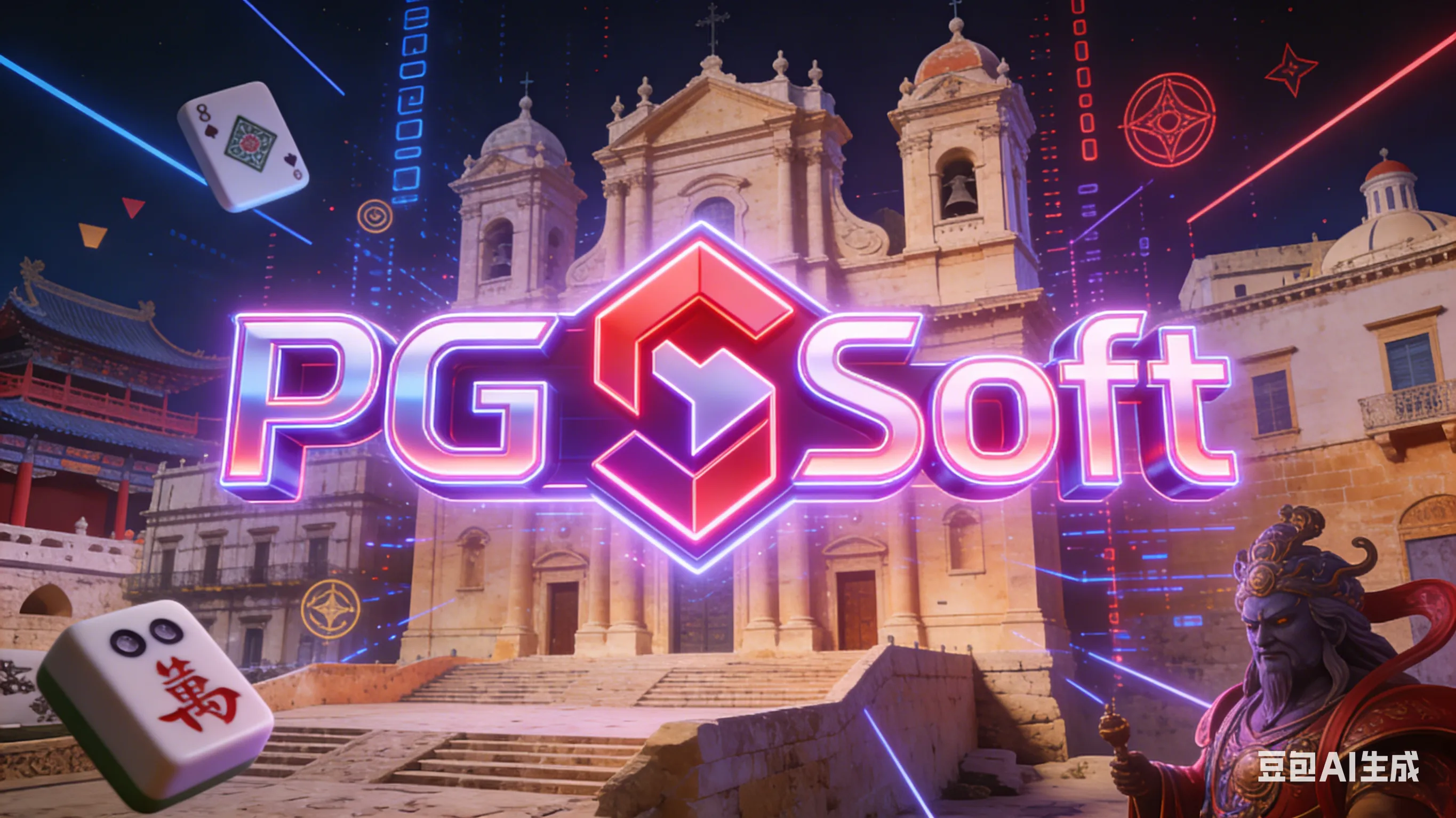 PG电子 (PG Soft) 品牌愿景概念图：悬浮的立体Logo融合马耳他瓦莱塔古建筑与未来赛博朋克风格，象征东西方文化交融与移动游戏创新。