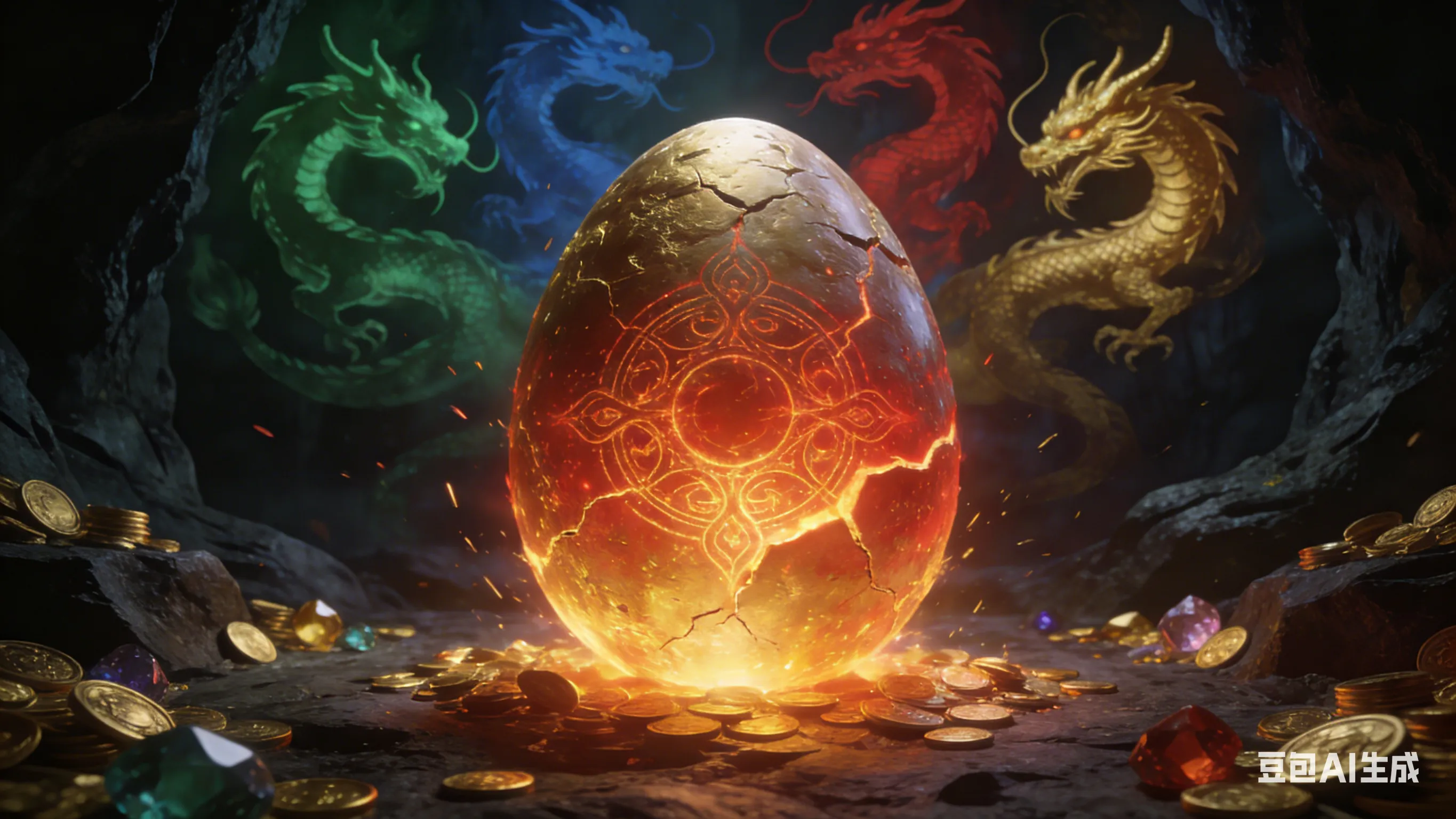 PG电子游戏Dragon Hatch封面图：一颗散发金红光芒的巨型龙蛋在龙穴中即将孵化，背景隐约可见四色神龙剪影与满地金币。