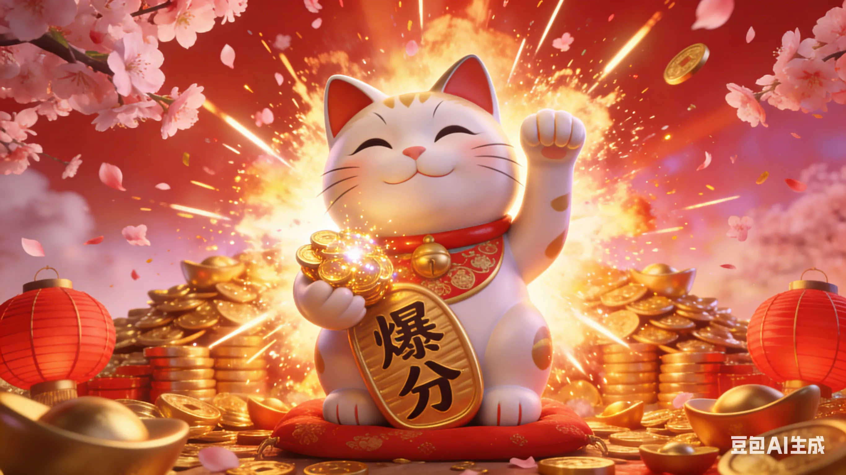 PG电子游戏《福运招财猫》3D风格封面海报，巨大的招财猫手持金币，背景是樱花和堆积如山的金元宝，画面中央炸裂出象征爆分的金色光芒。