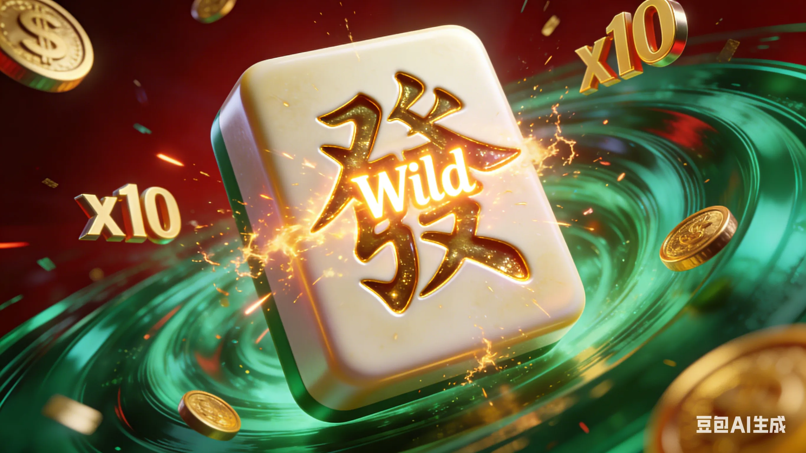 PG电子麻将胡了2游戏封面，巨大的金色发财麻将牌正在爆裂变身Wild百搭符号，背景伴随金币飞舞与10倍高倍率特效。