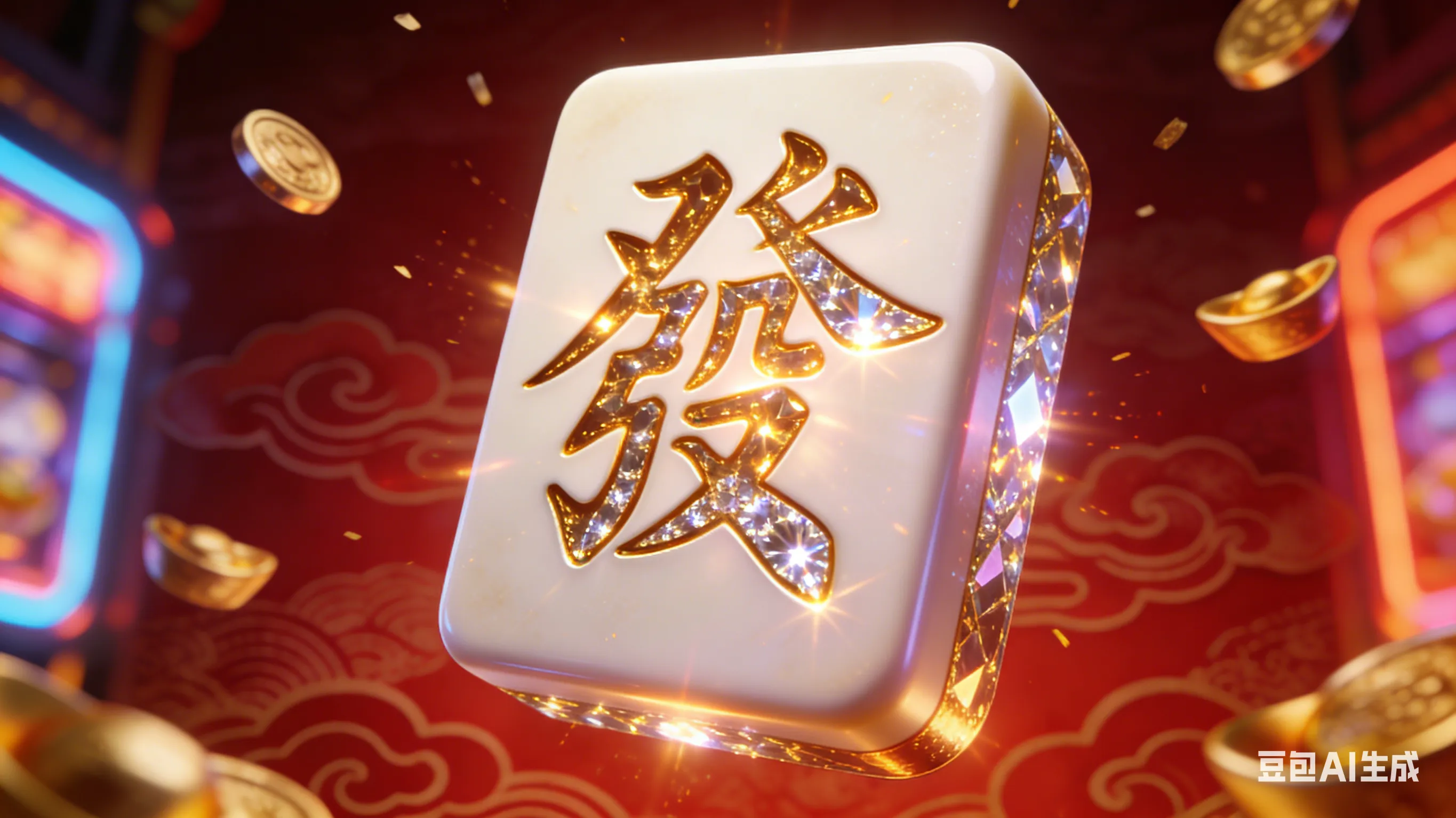 PG电子麻将胡了2精美封面：金色发财麻将牌正在变身为钻石百搭(Wild)符号，背景散落金币与元宝。