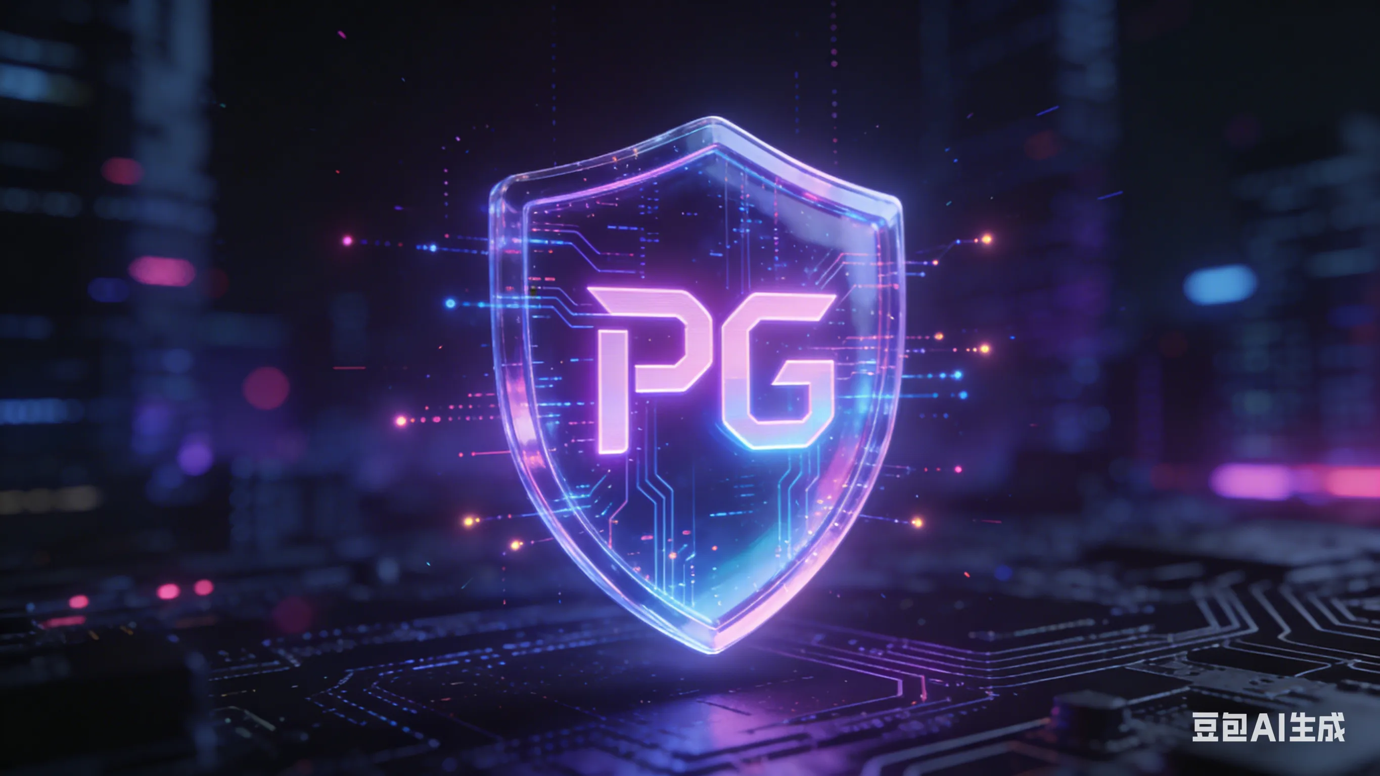 PG电子游戏隐私政策封面：悬浮在虚拟空间的半透明霓虹色数字盾牌，象征全方位的用户数据安全保护。