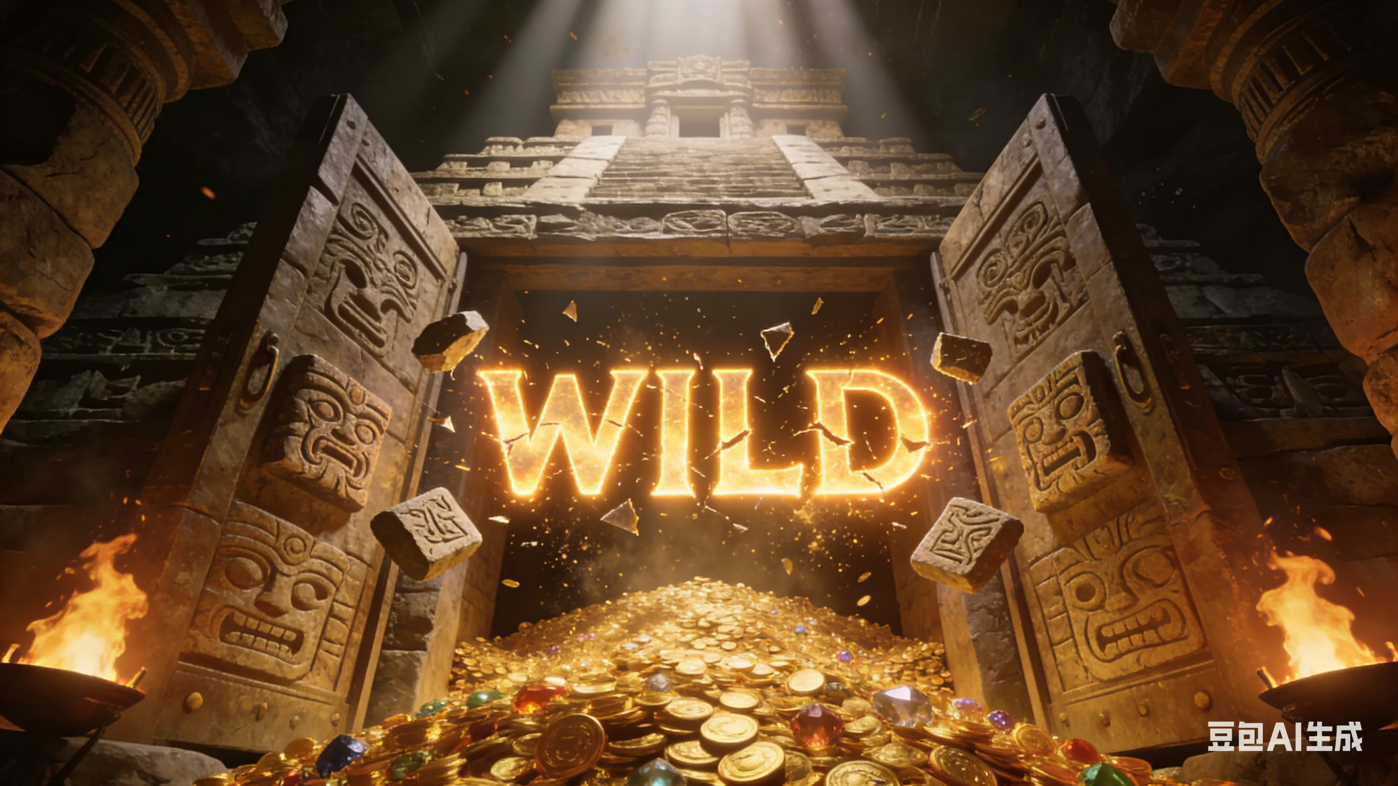《阿兹特克宝藏》电子游戏画面，仰视玛雅神庙内部堆满金币，金色 WILD 符号正在进行消除掉落机制。