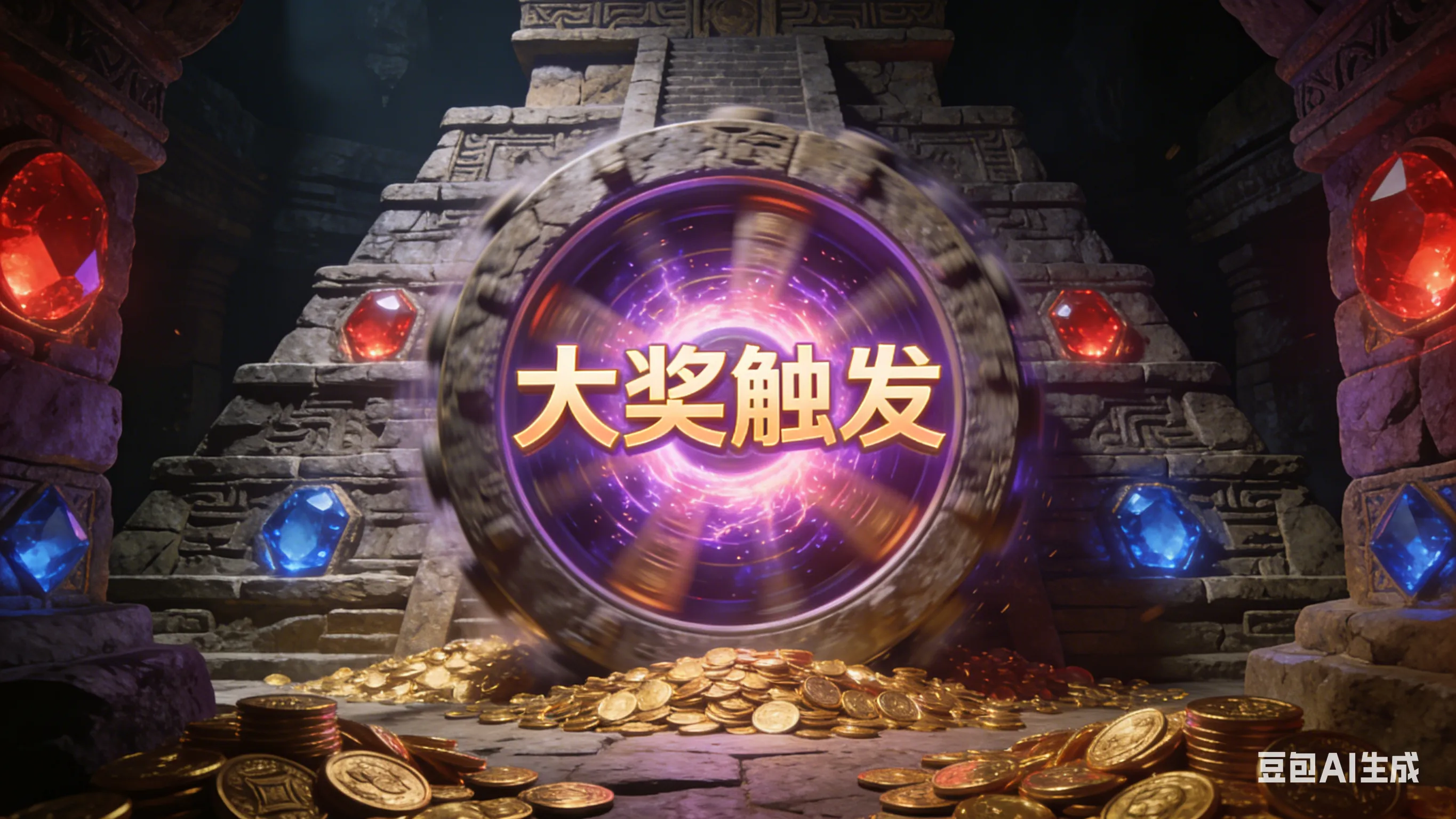 PG电子游戏《阿兹特克/古国奇宝》游戏场景，展示神秘金字塔遗迹与触发免费旋转大奖的石轮特效。