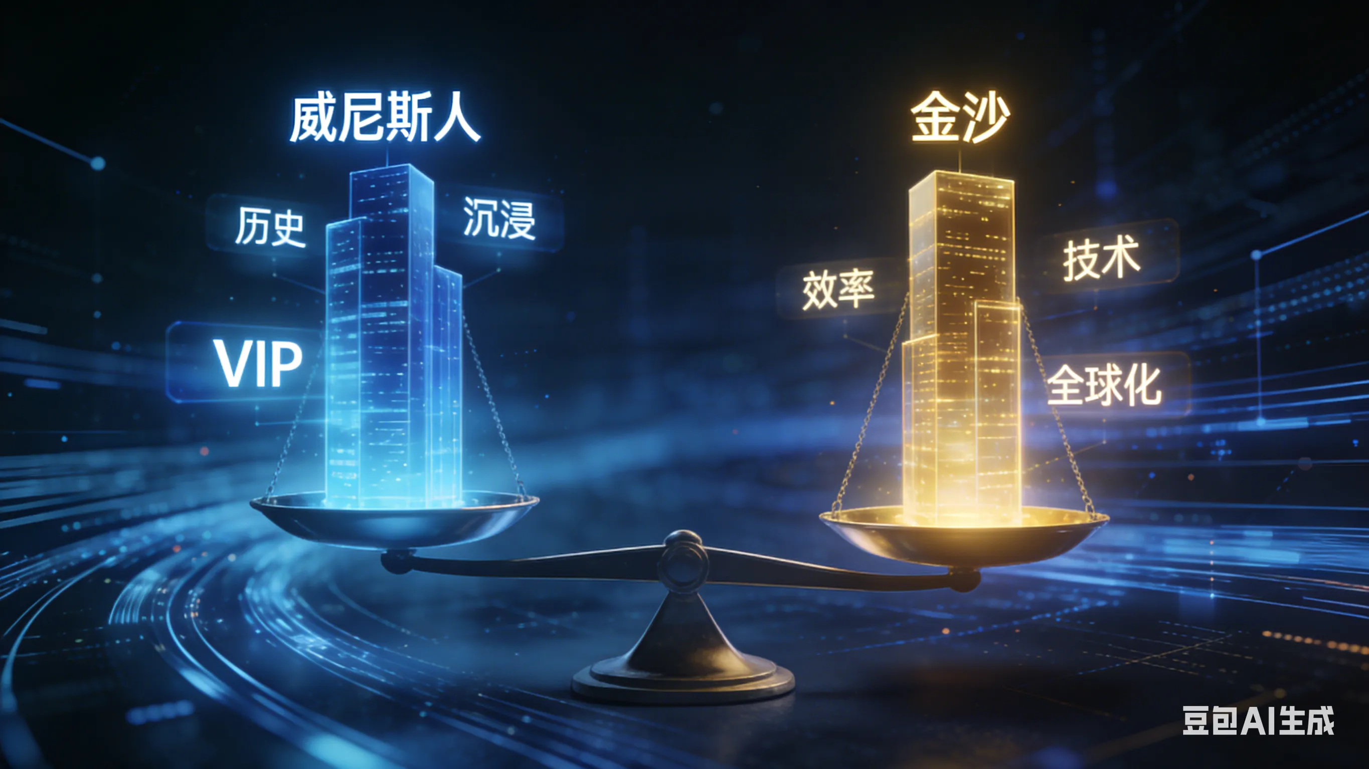 威尼斯人与金沙娱乐品牌底蕴全息数据对比图，展示VIP服务沉浸感与全球化技术效率的差异。
